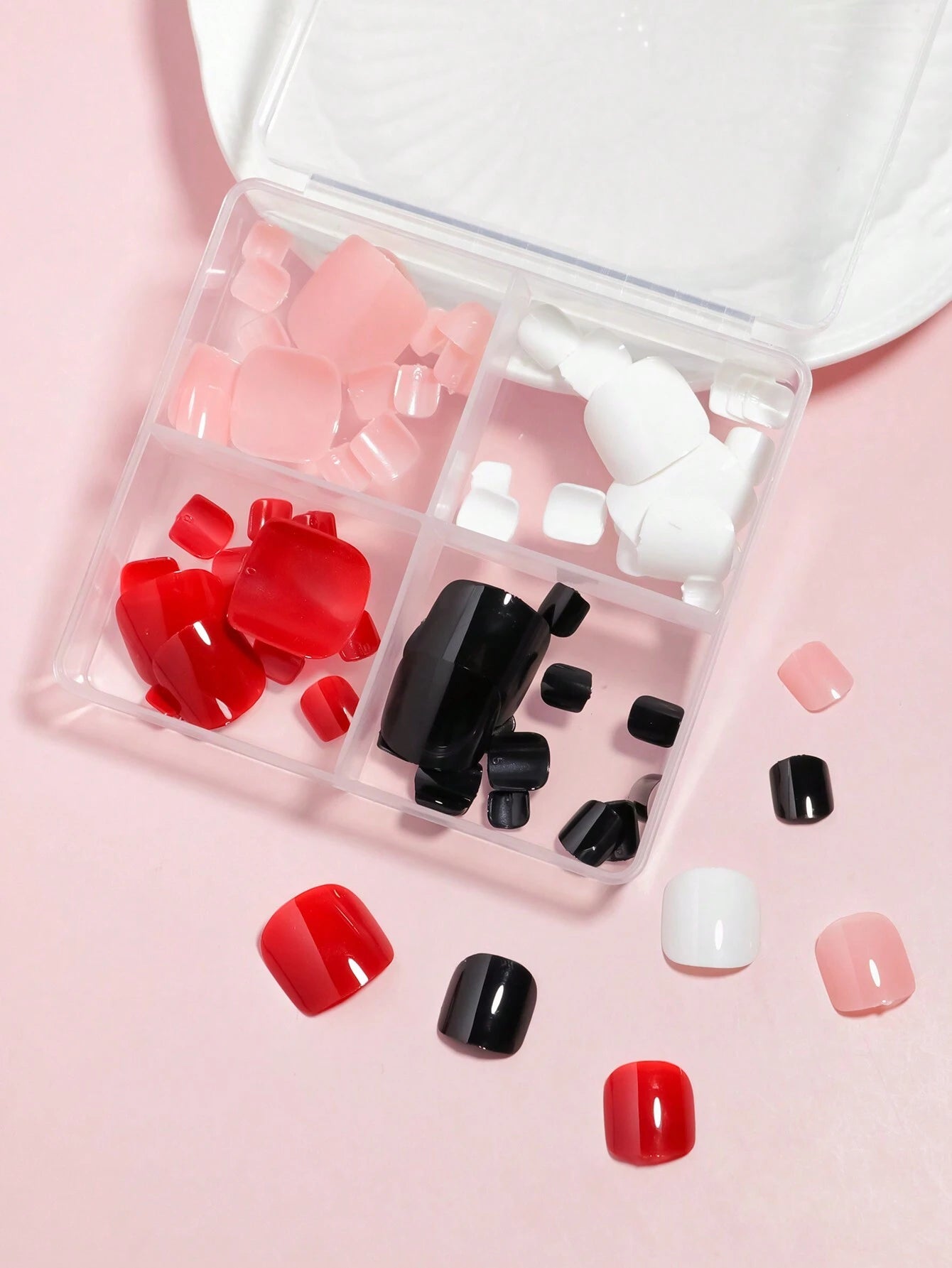 96Pcs(Black/White/Red/Light Pink) Short Square Press on Toenails Designed Press on Toenails Full Cover, 4 Glossy False Toenails for Feet, French Design Fake Toenails for Summer Nail Art Set for Women and Girls with Re-Usable Storage Box
