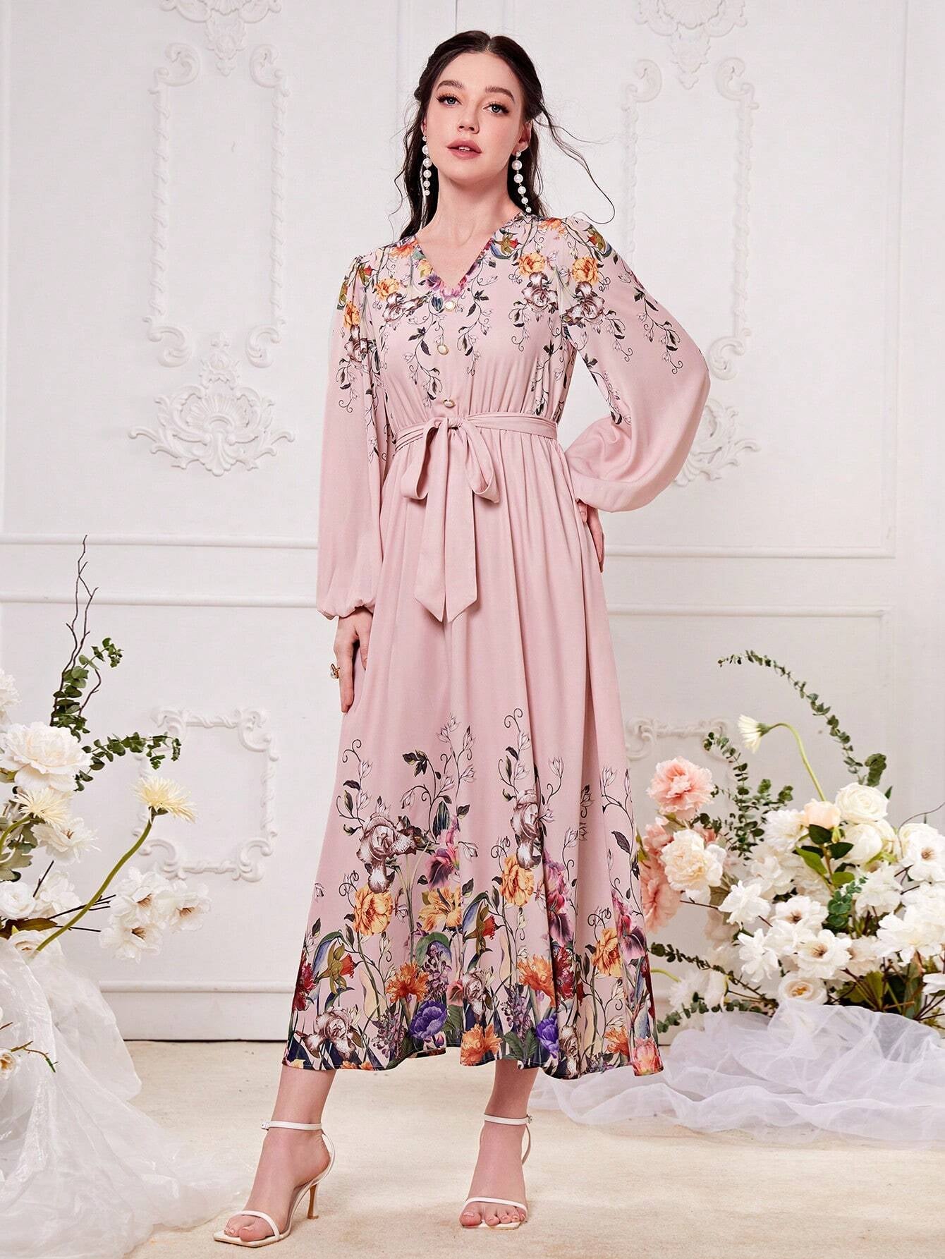 Modely Floral Print Lantern Sleeve Belted Dress