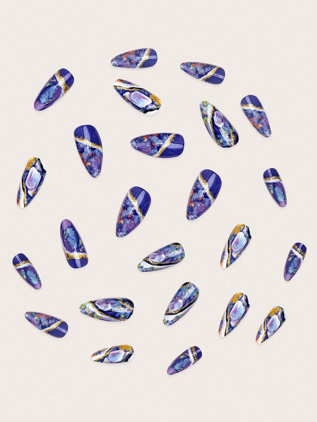 Galaxy Gradient Sparkling Powder Medium Almond Shape False Nails Set(24Pcs)+1Pc Jelly Glue+1Pc Nail File