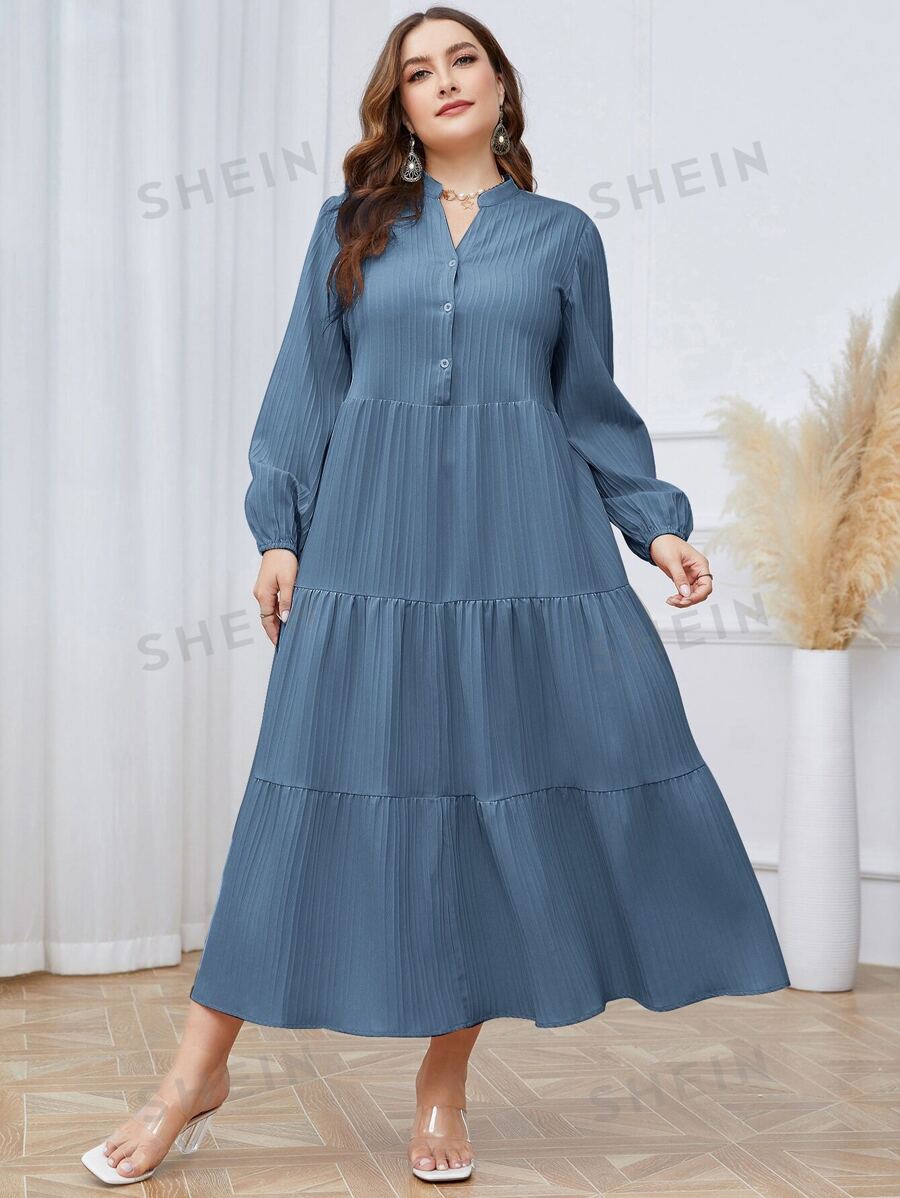 SHEIN Mulvari فستان سموك خط عنق مفتوح حافة مكشكشة مقاس كبير