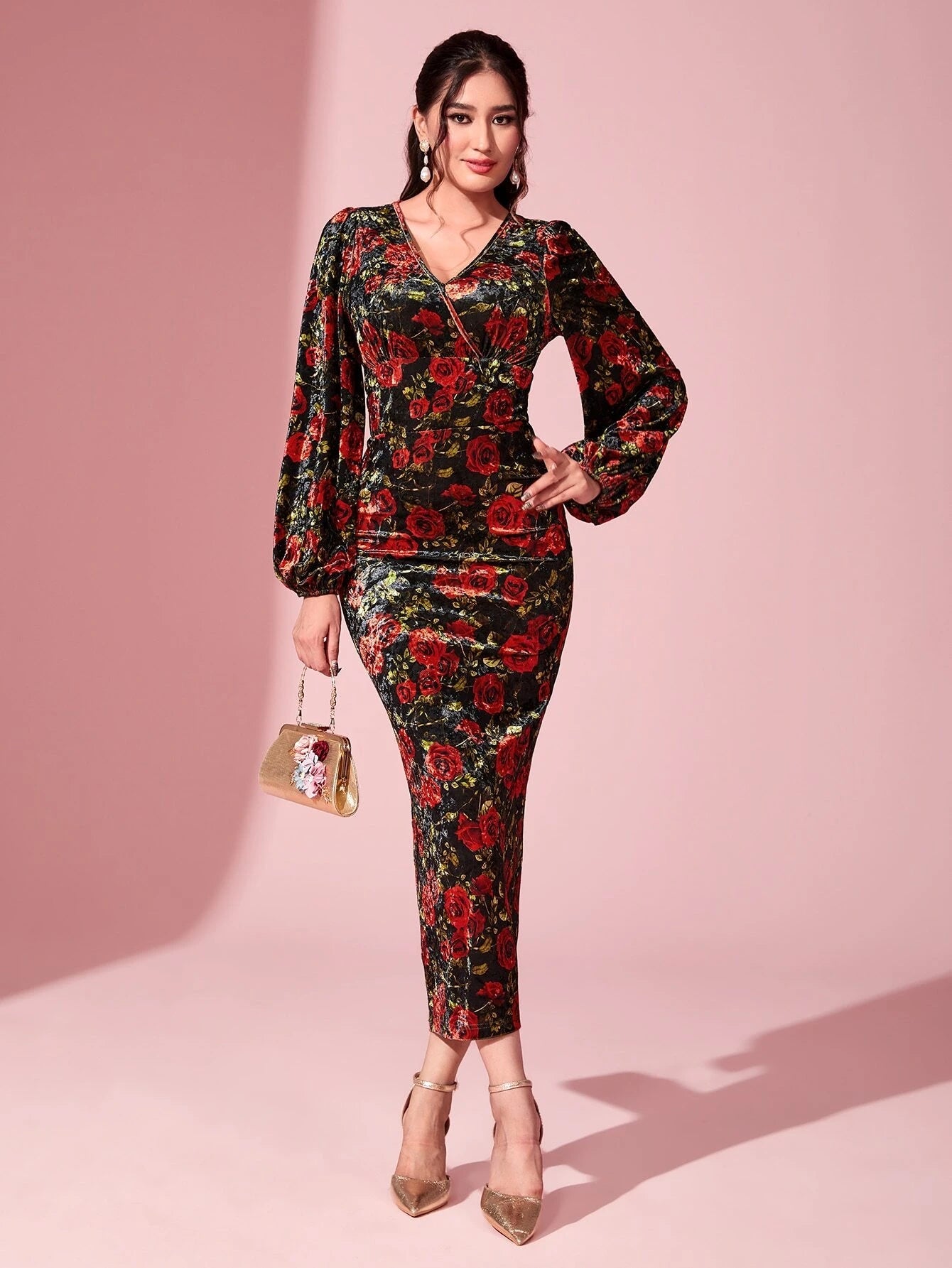 Modely Floral Print Lantern Sleeve Split Back Velvet Dress