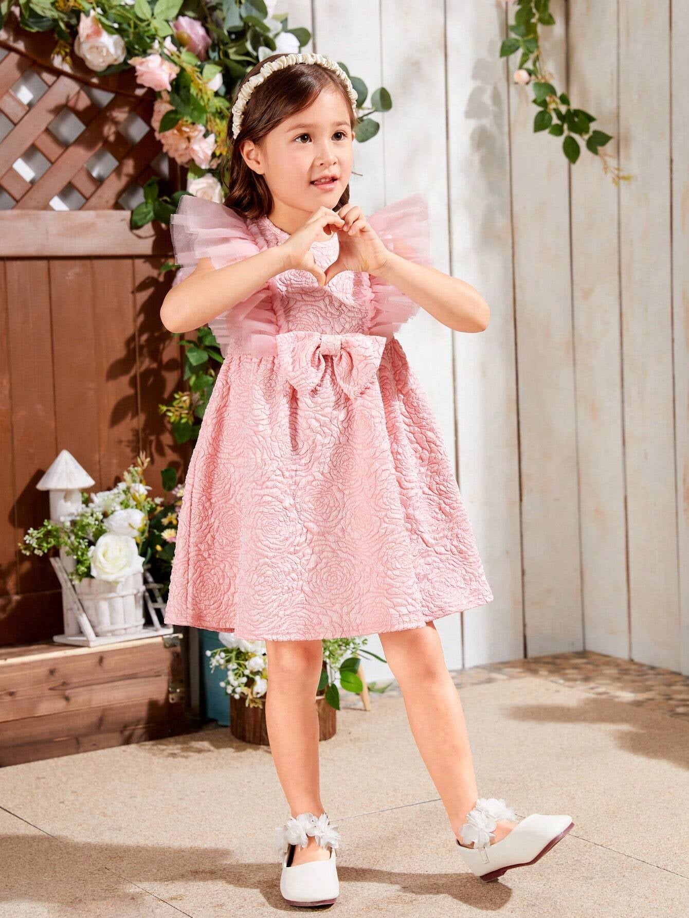 Young Girl'S Woven Jacquard round Neck Slim Fit Holiday Dress with Mesh Insert