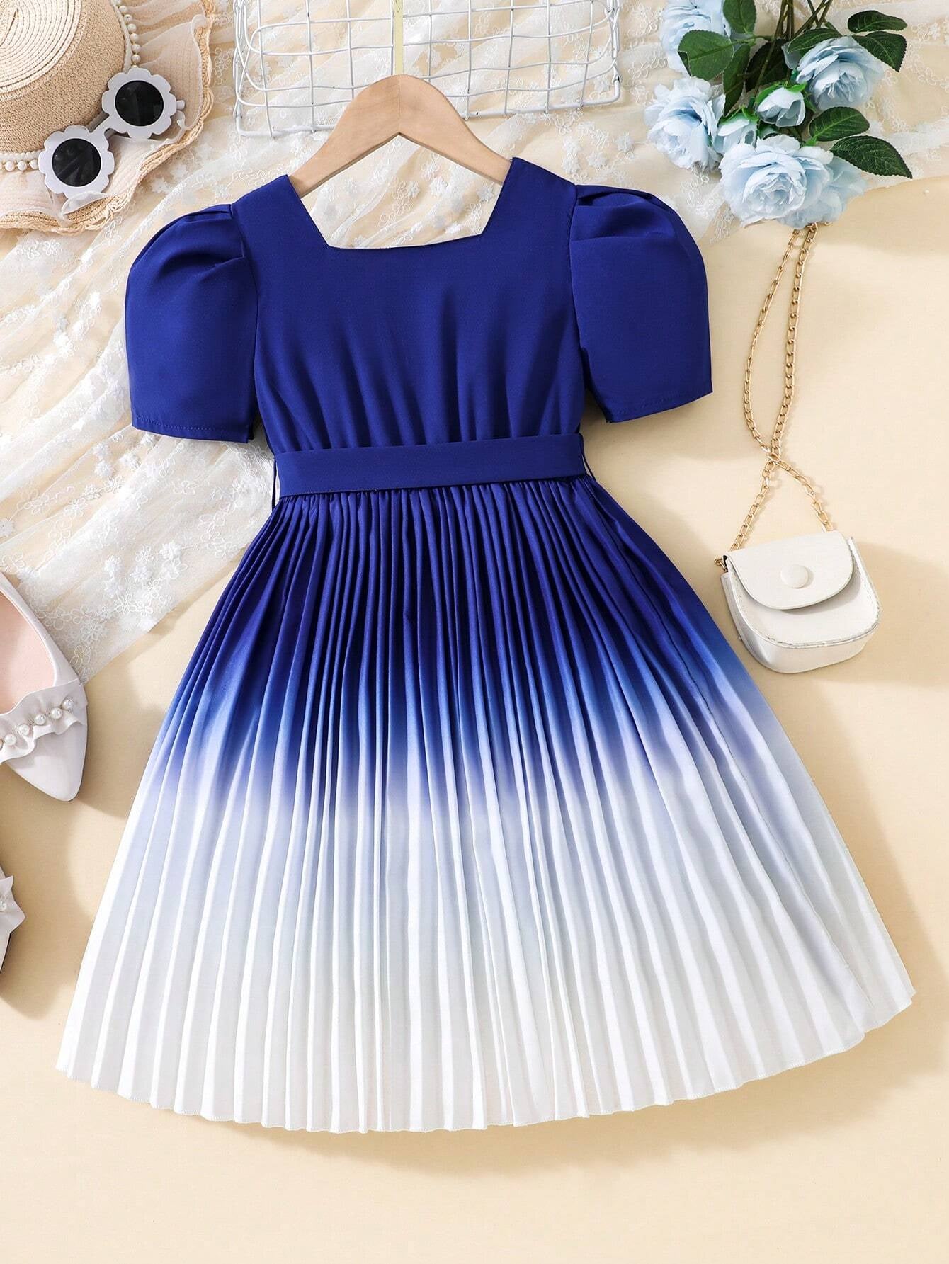 Young Girl Ombre Puff Sleeve Pleated Hem Belted Dress