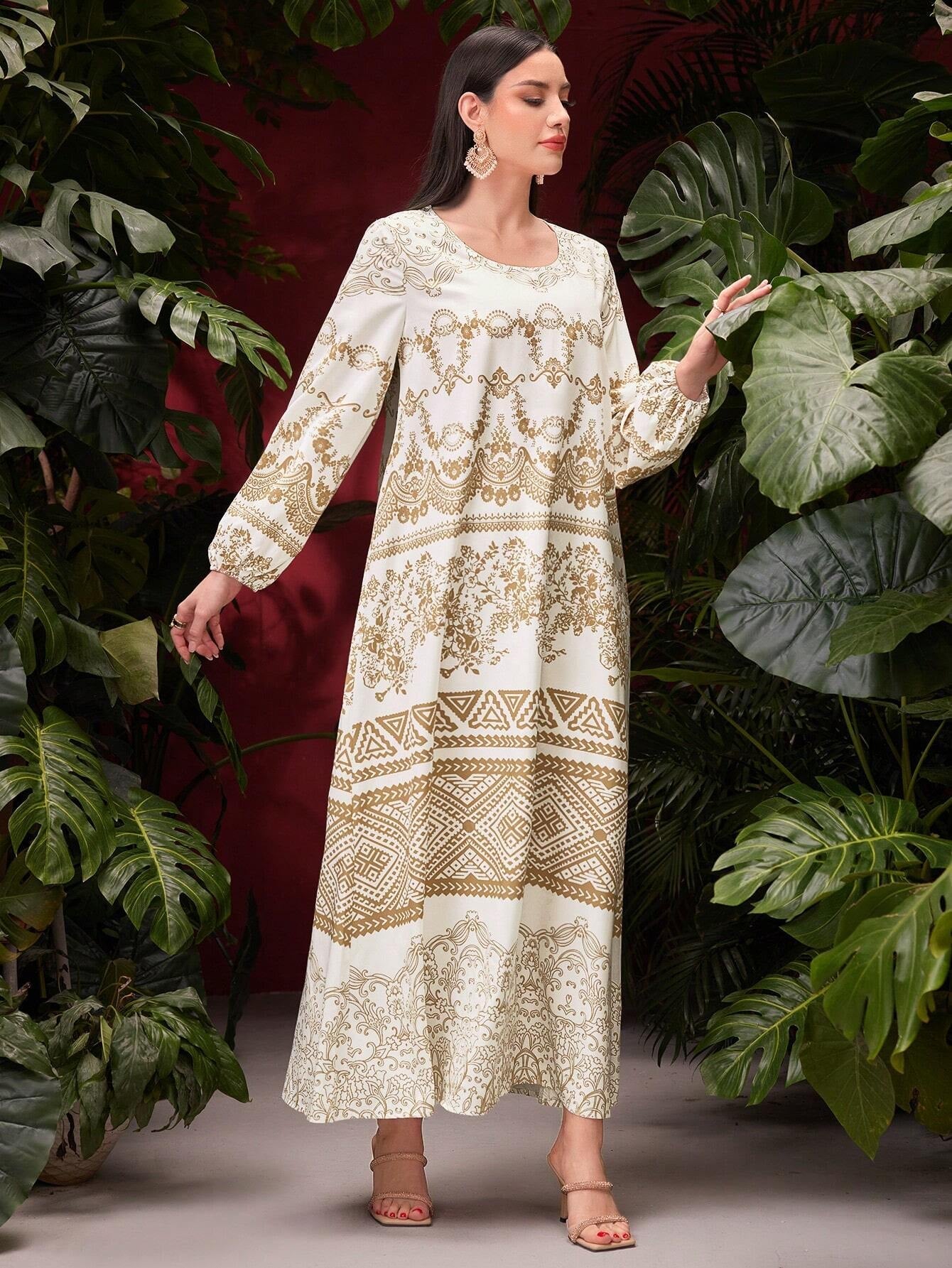 Najma Vintage Women'S Lantern Sleeve Printed Dress