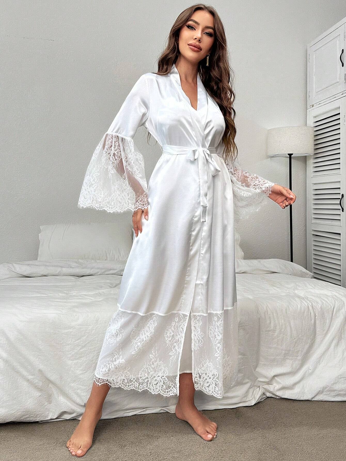 Backless Satin Cami Nightgown and Lace Bell Sleeve Robe Pajama Set