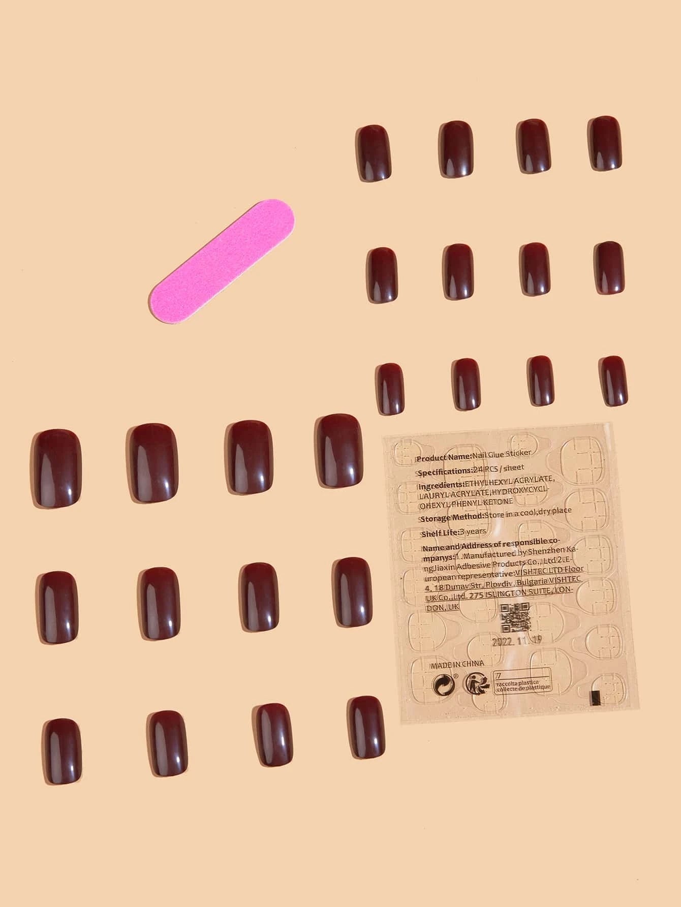 Transform Your Nails with 24Pcs Short Square Burgundy Glossy Solid Fake Nail & 1Sheet Tape & 1Pc Nail File