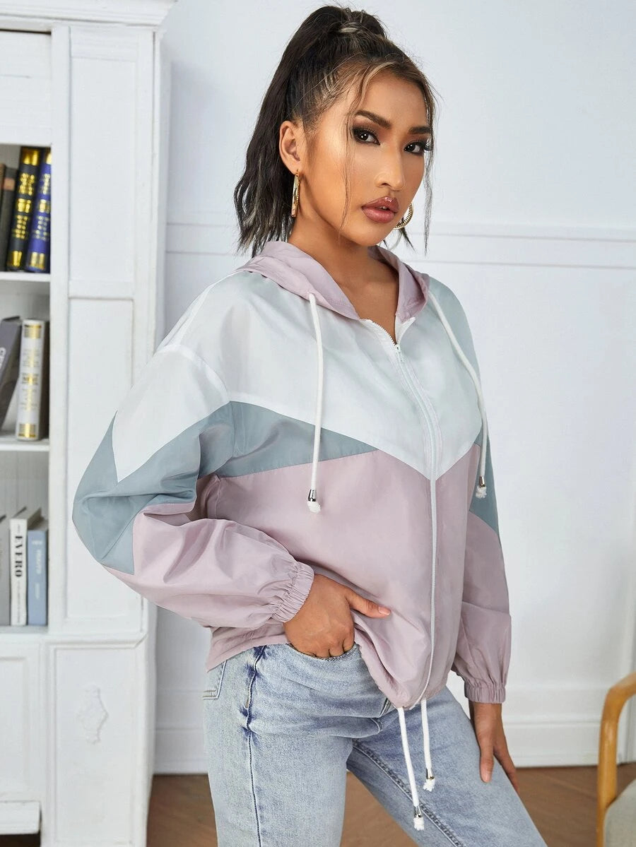 SHEIN PETITE جاكيت نسائي بغطاء رأس وسحاب وأربطة قابلة للسحب