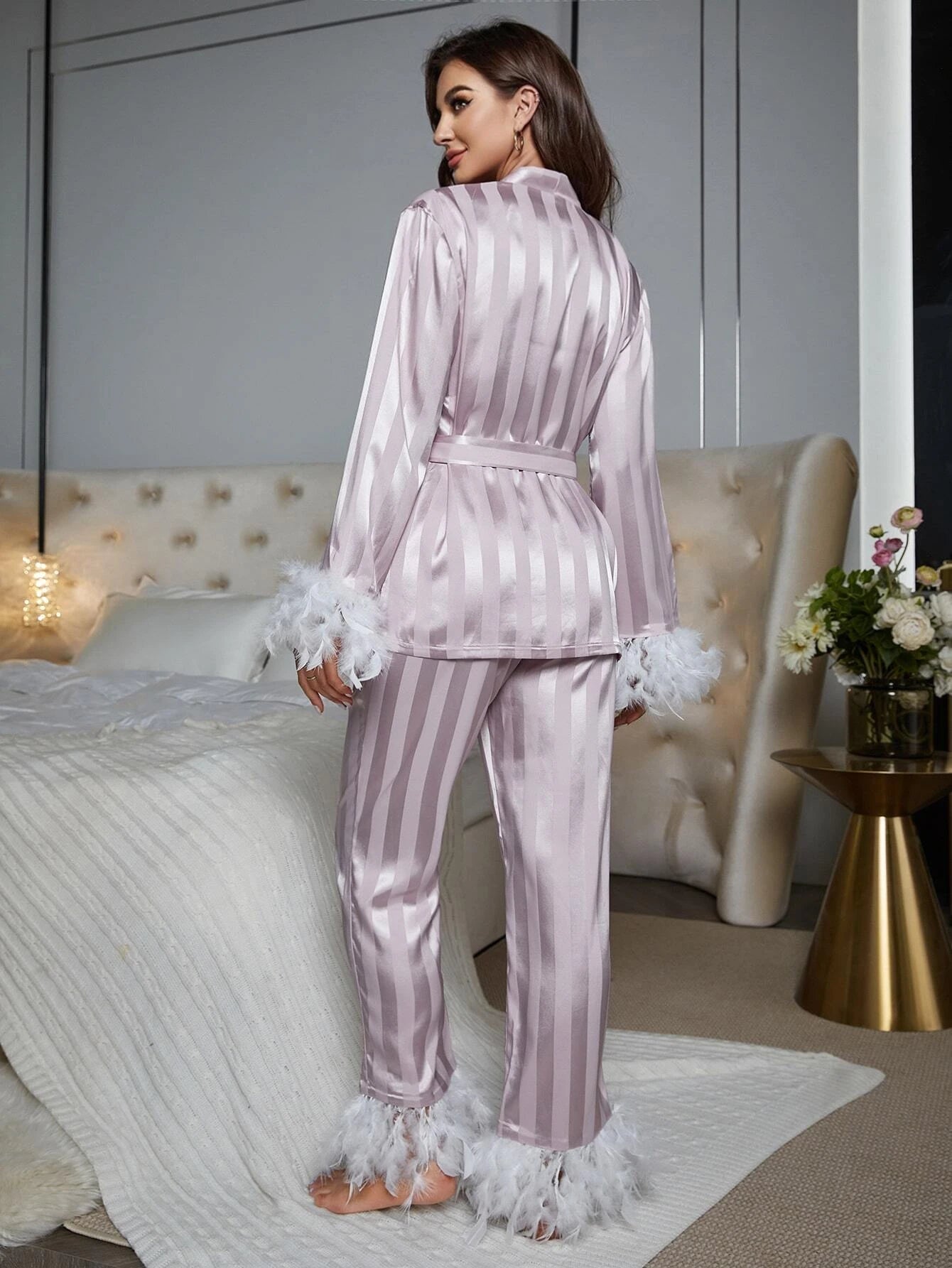 Striped Jacquard Fuzzy Trim Belted PJ Set