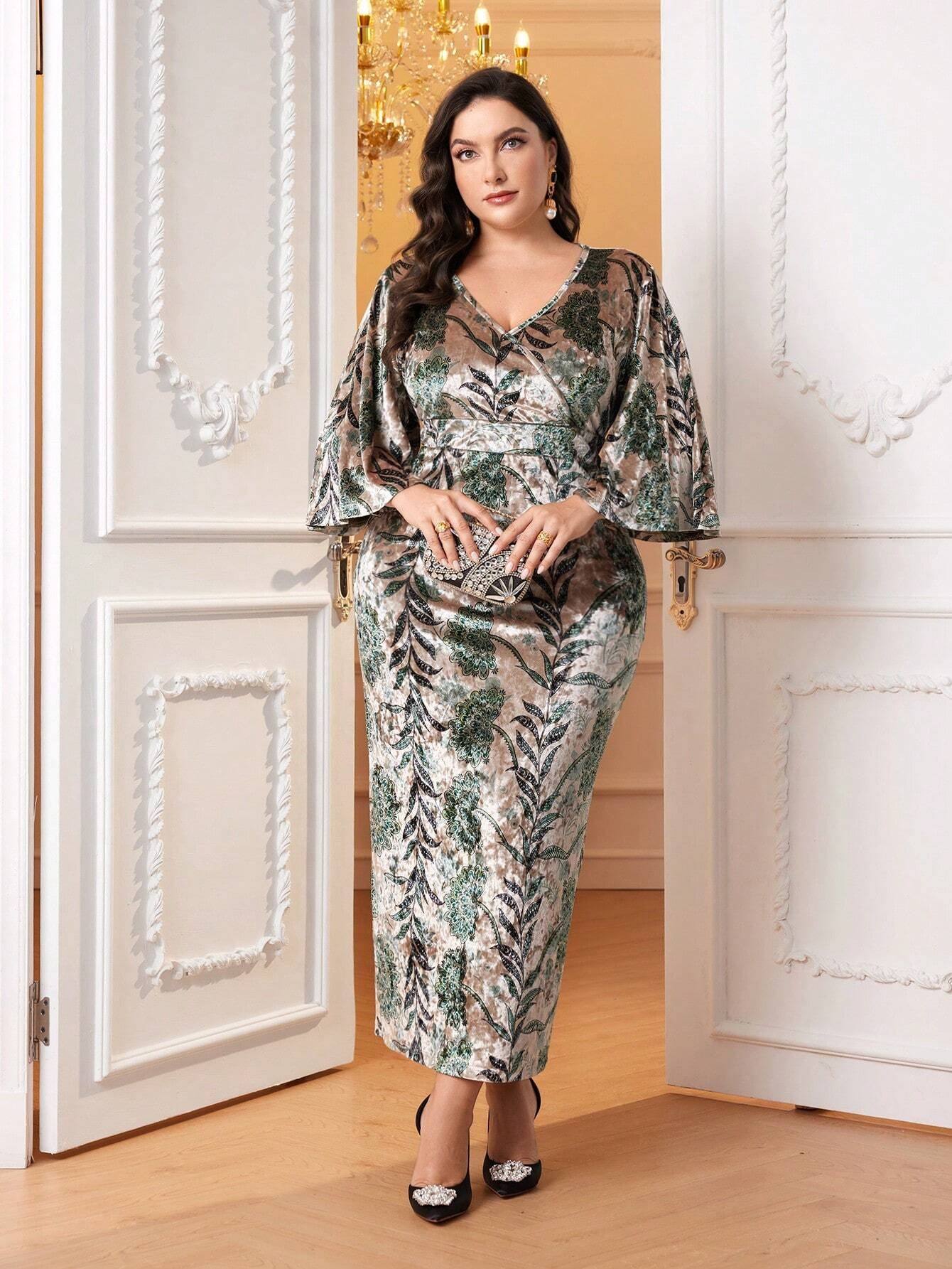Modely plus Floral Print Flounce Sleeve Dress