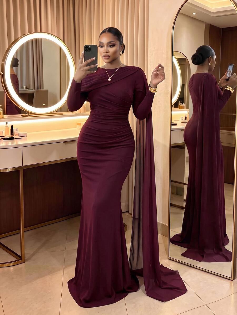 SHEIN Lady CURVE فستان سهرة عنابي للمقاسات الكبيرة بطيات وخصر محدد