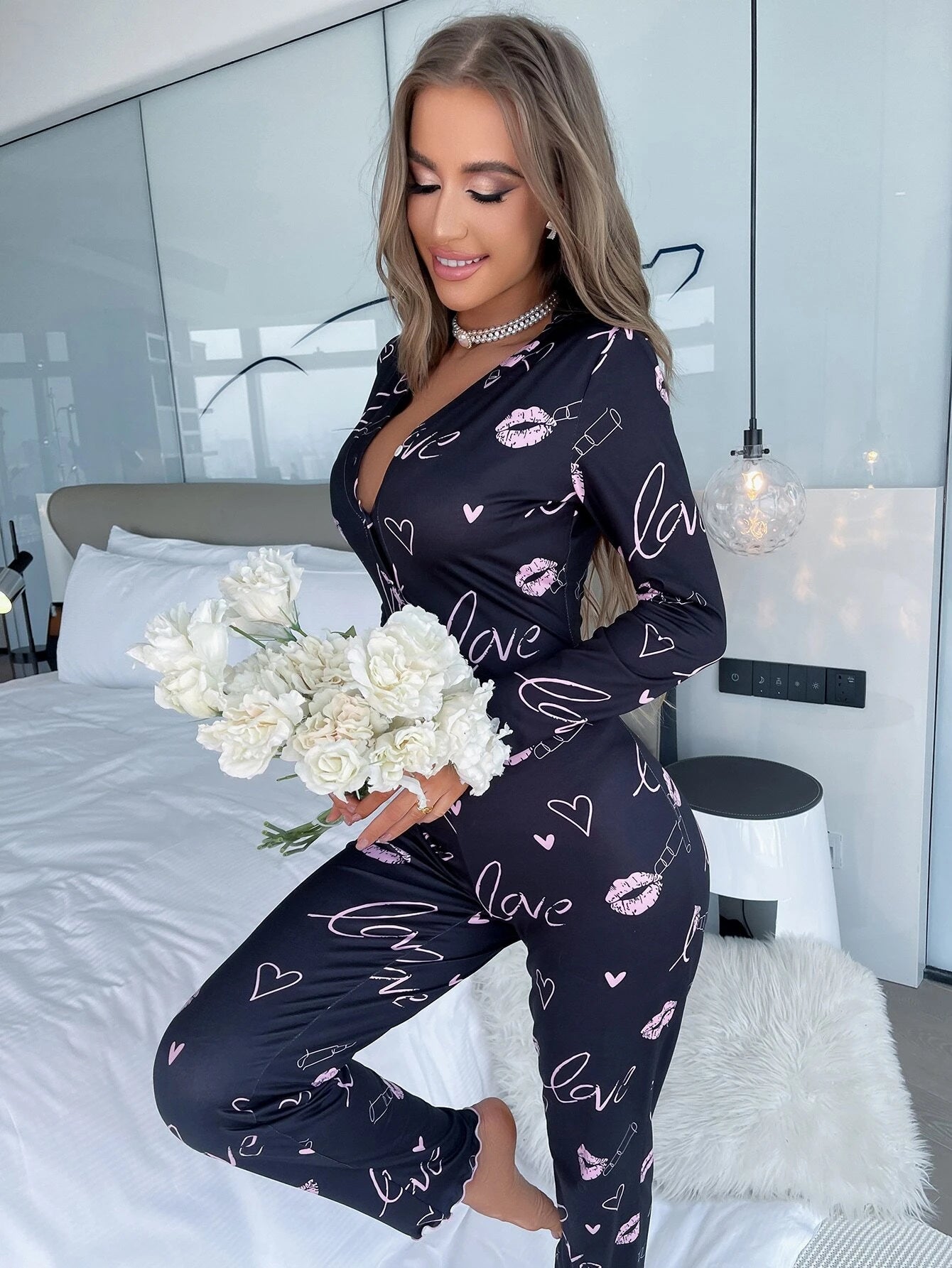 Coffee Print Deep V Neck Sleep Jumpsuit