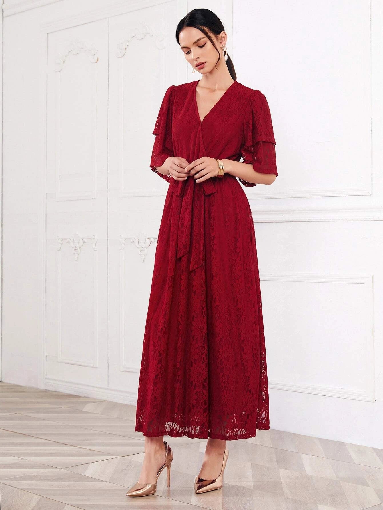Modely Surplice Neck Butterfly Sleeve Belted Lace Overlay Dress