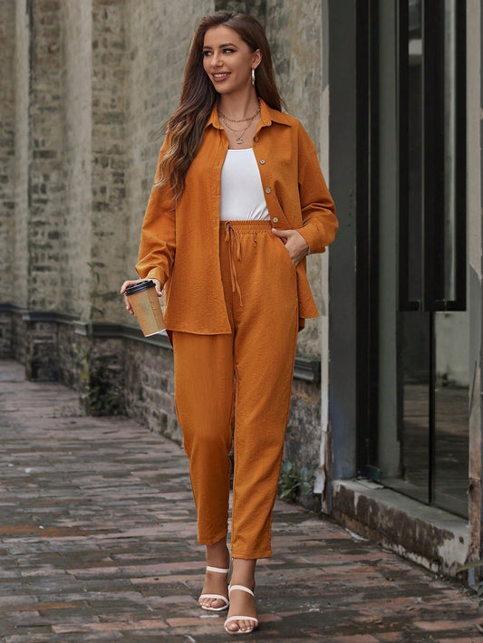 LUNE Solid Button Front Shirt & Drawstring Waist Pants