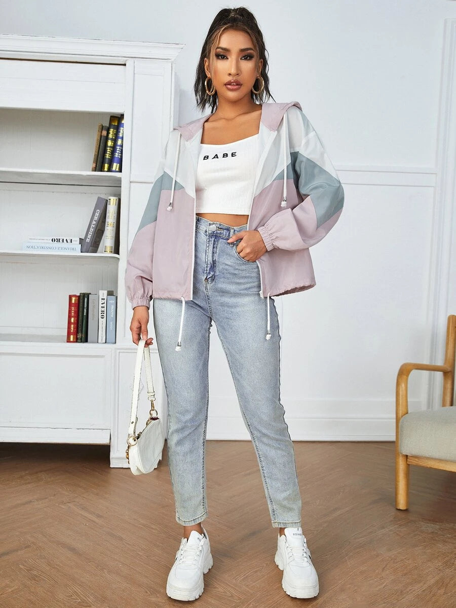 SHEIN PETITE جاكيت نسائي بغطاء رأس وسحاب وأربطة قابلة للسحب