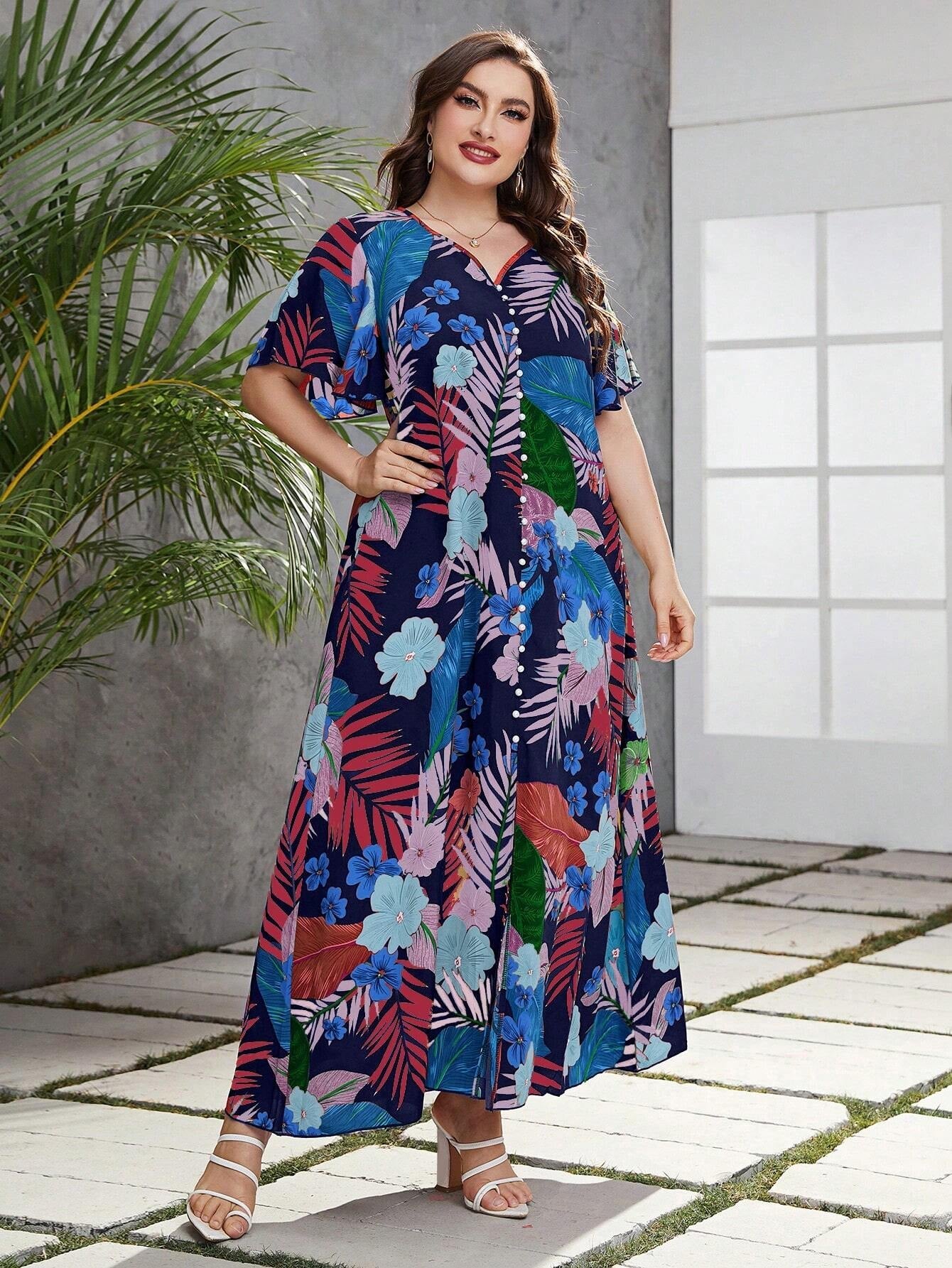 Mulvari plus Tropical Print Butterfly Sleeve Fake Button Dress