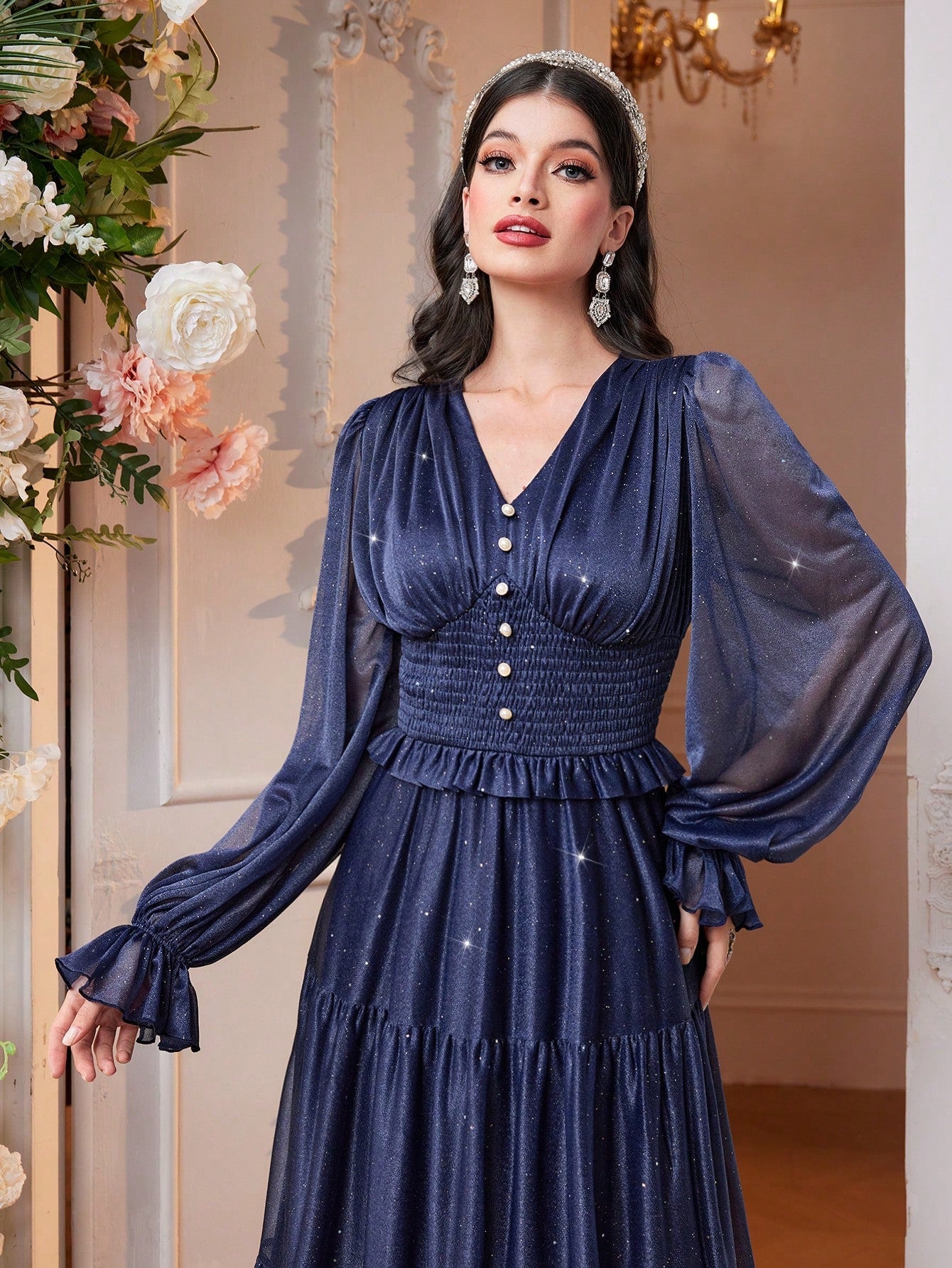 Modely Women'S Mesh Overlay Dress with Asymmetric Ruffled Hem Waist Shirred