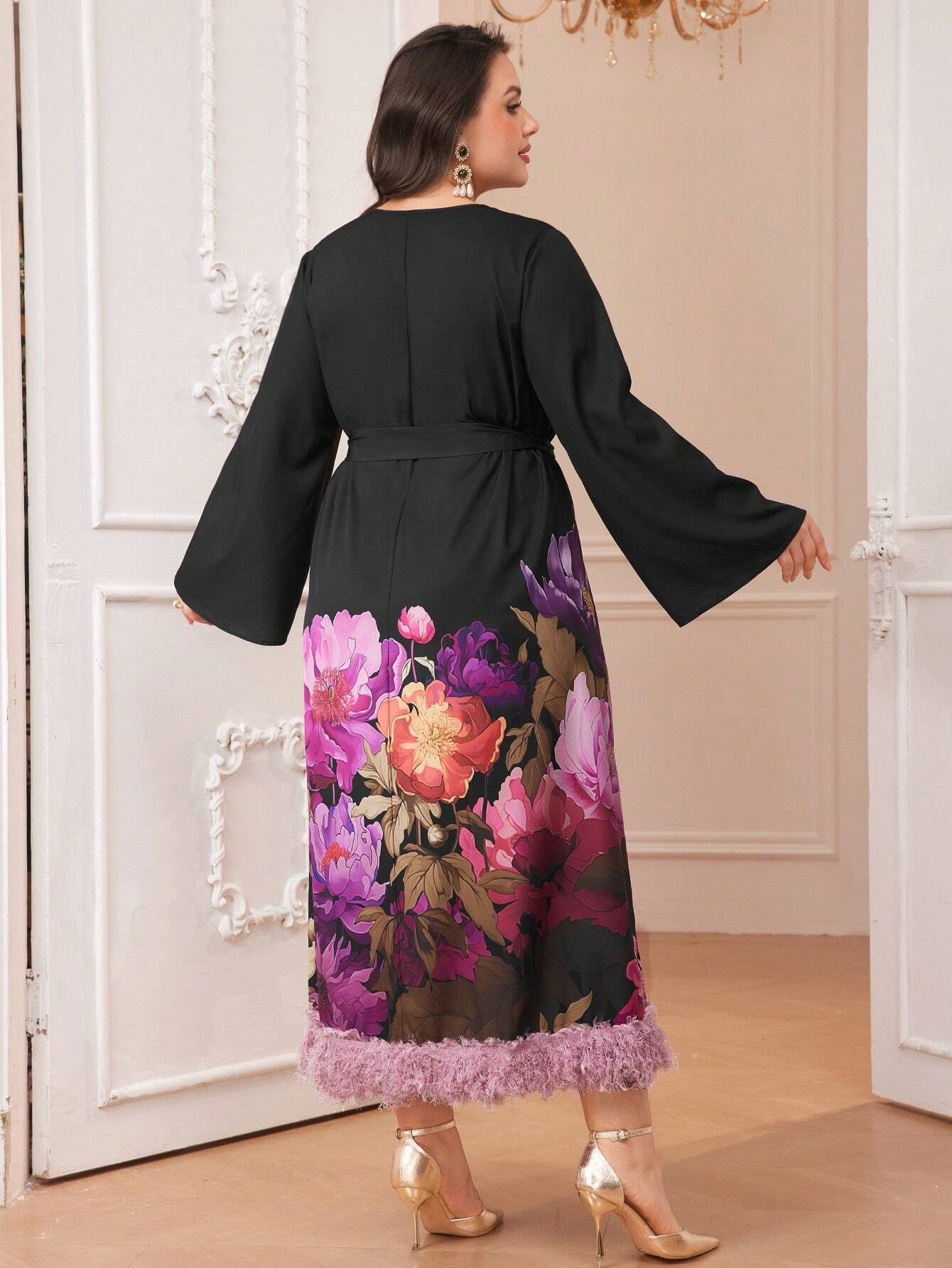 Modely plus Size Flower Print Contrast Plush Hem Belted Dress with Flared Sleeves and Ribbon Decoration