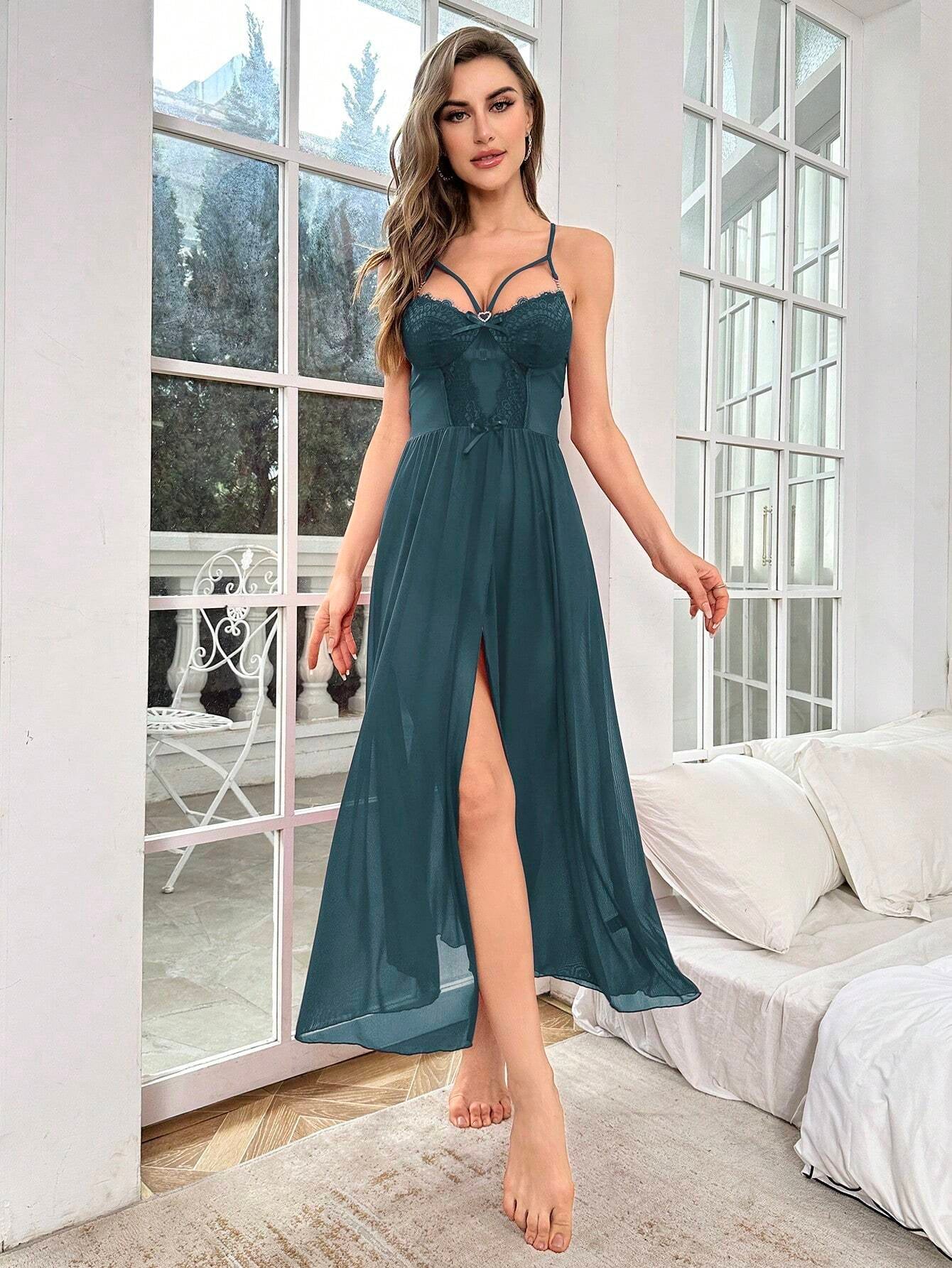 Lace Trim Split Thigh Cami Nightdress