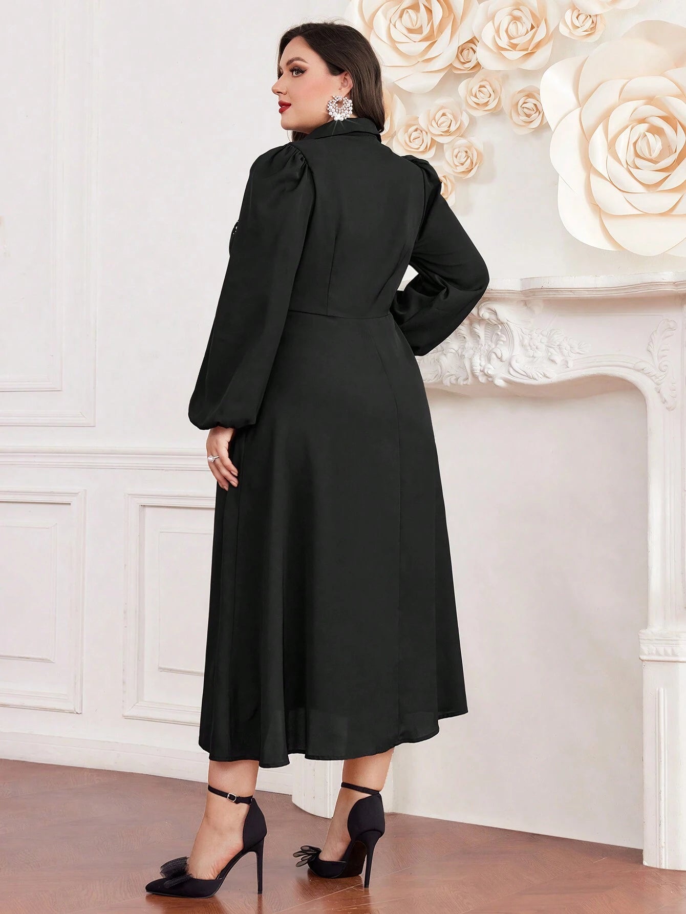 Modely plus Size Crystal Embellished Lantern Sleeves Dress (Belt Not Included)