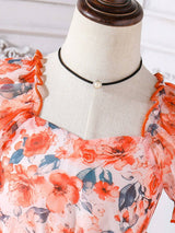 Young Girls' Summer Flower Print Dress, Purple Floral Princess Dress with Puff Sleeves