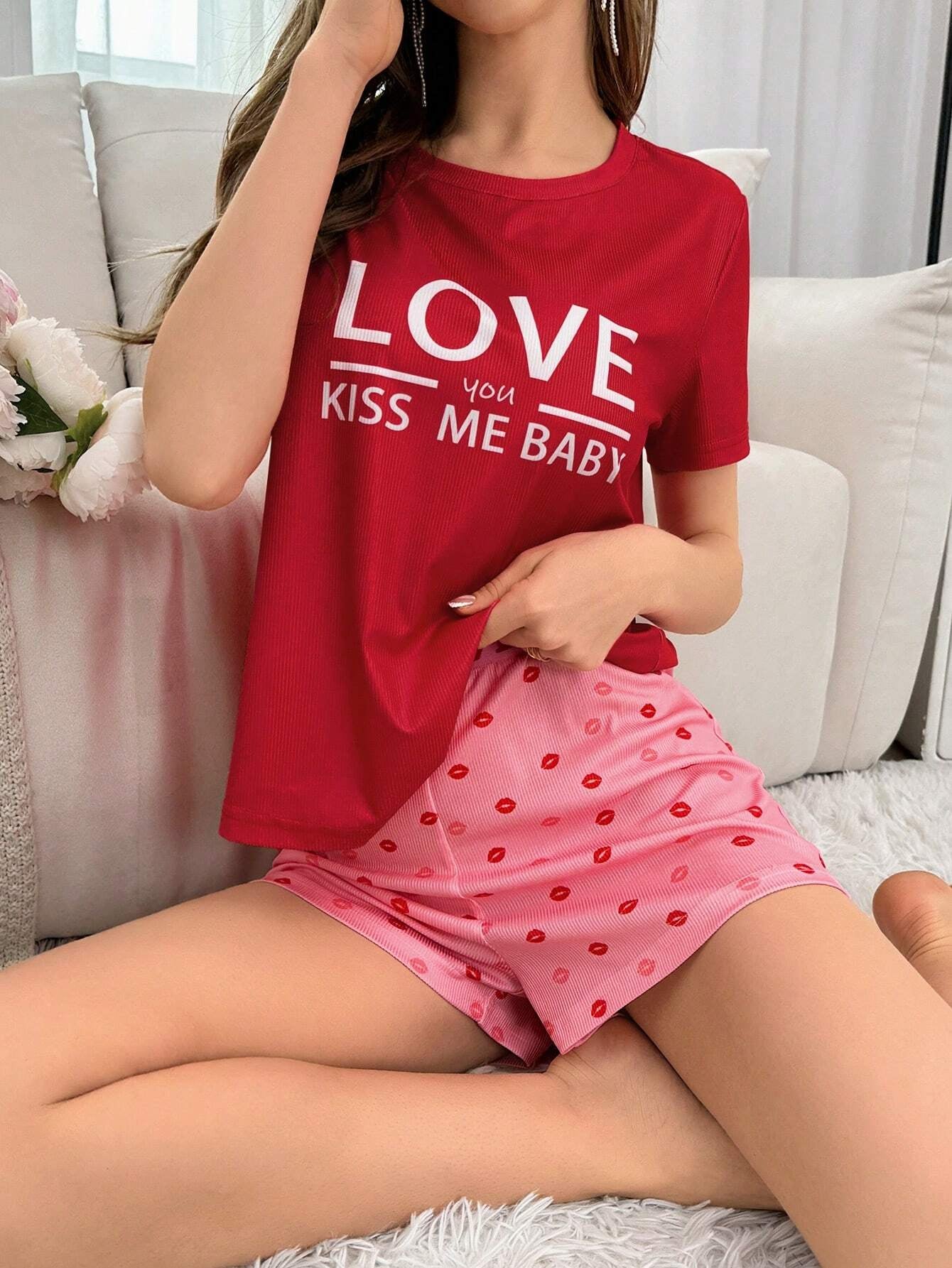 Women'S Short Sleeve Pajama Set with Letter Print