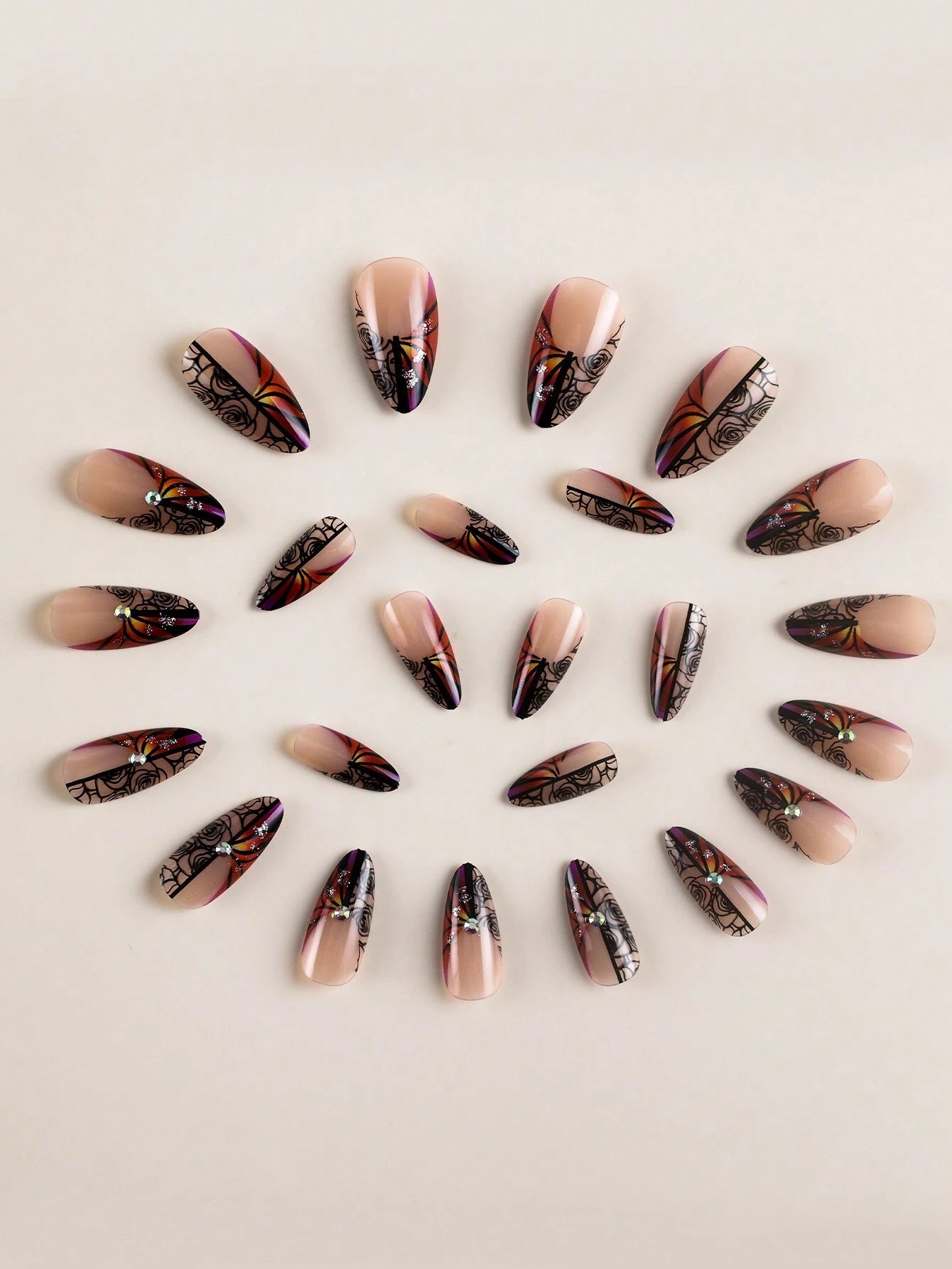 24Pcs/Set Ink Painting Style Almond Shape Fake Nails with Green & Gold Foil Design, Comes with 1 Jelly Glue and 1 Nail File