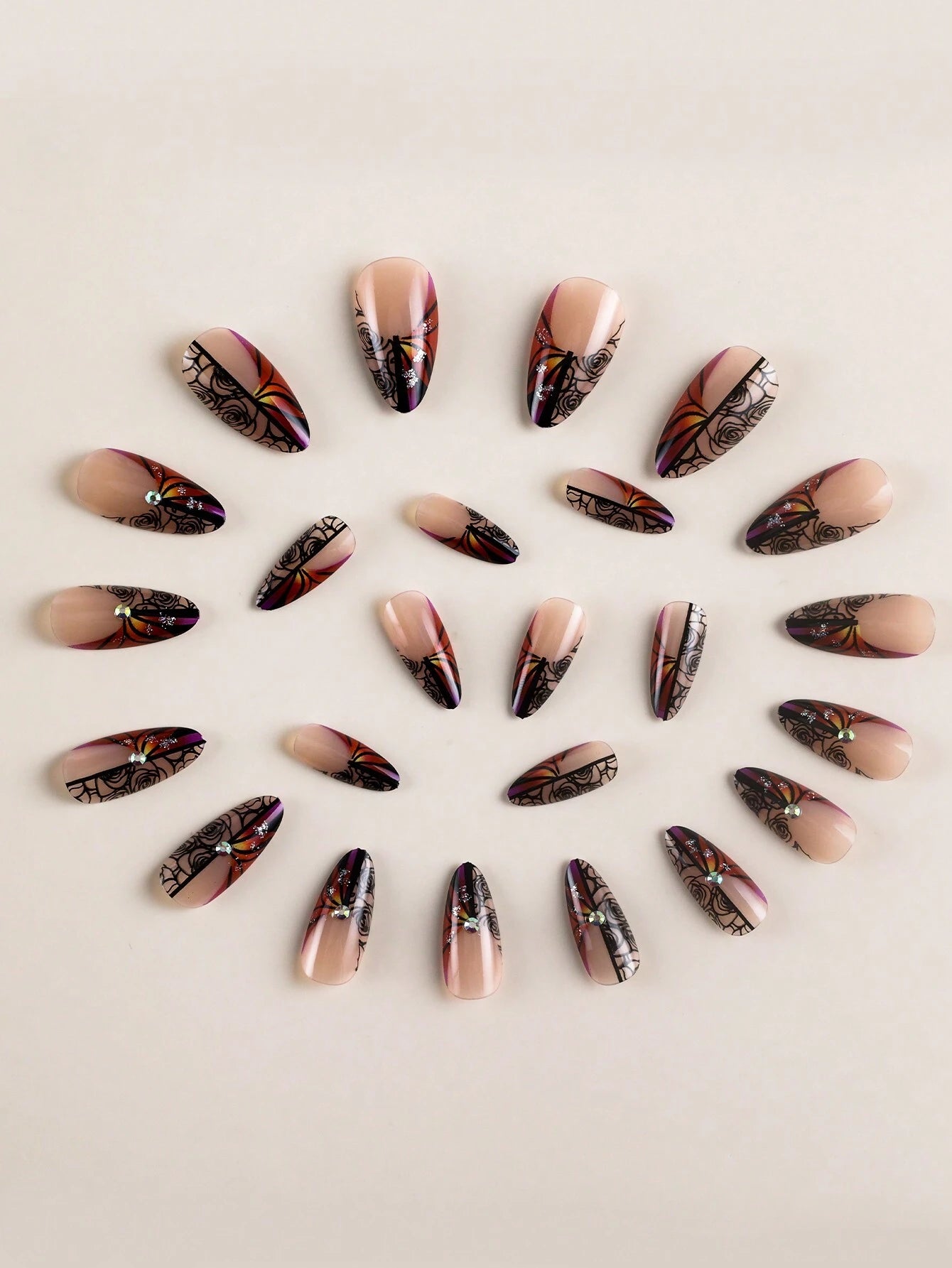 Galaxy Gradient Sparkling Powder Medium Almond Shape False Nails Set(24Pcs)+1Pc Jelly Glue+1Pc Nail File