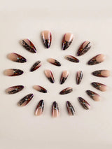 Galaxy Gradient Sparkling Powder Medium Almond Shape False Nails Set(24Pcs)+1Pc Jelly Glue+1Pc Nail File