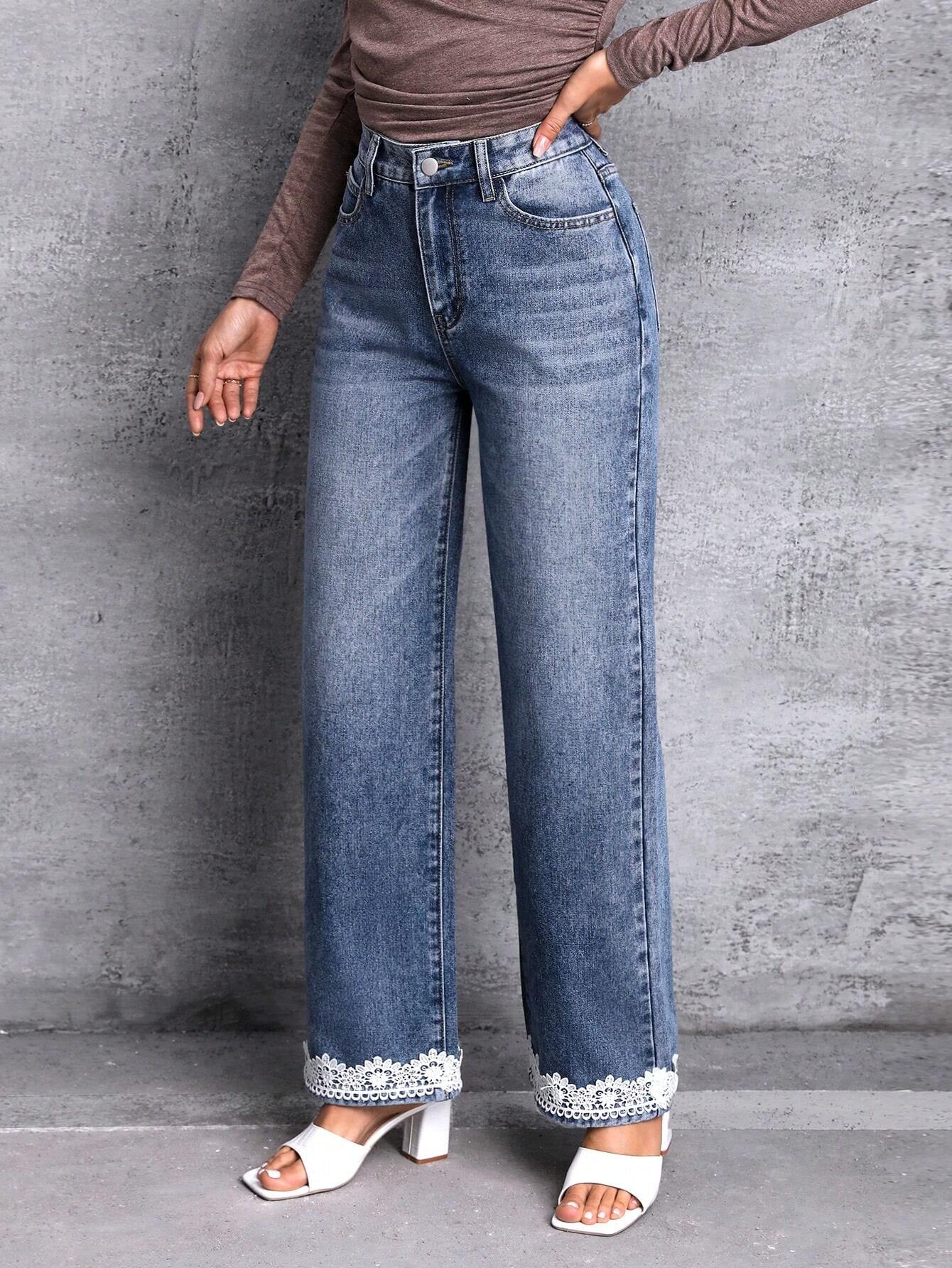 LUNE Slant Pocket Contrast Lace Hem Wide Leg Jeans