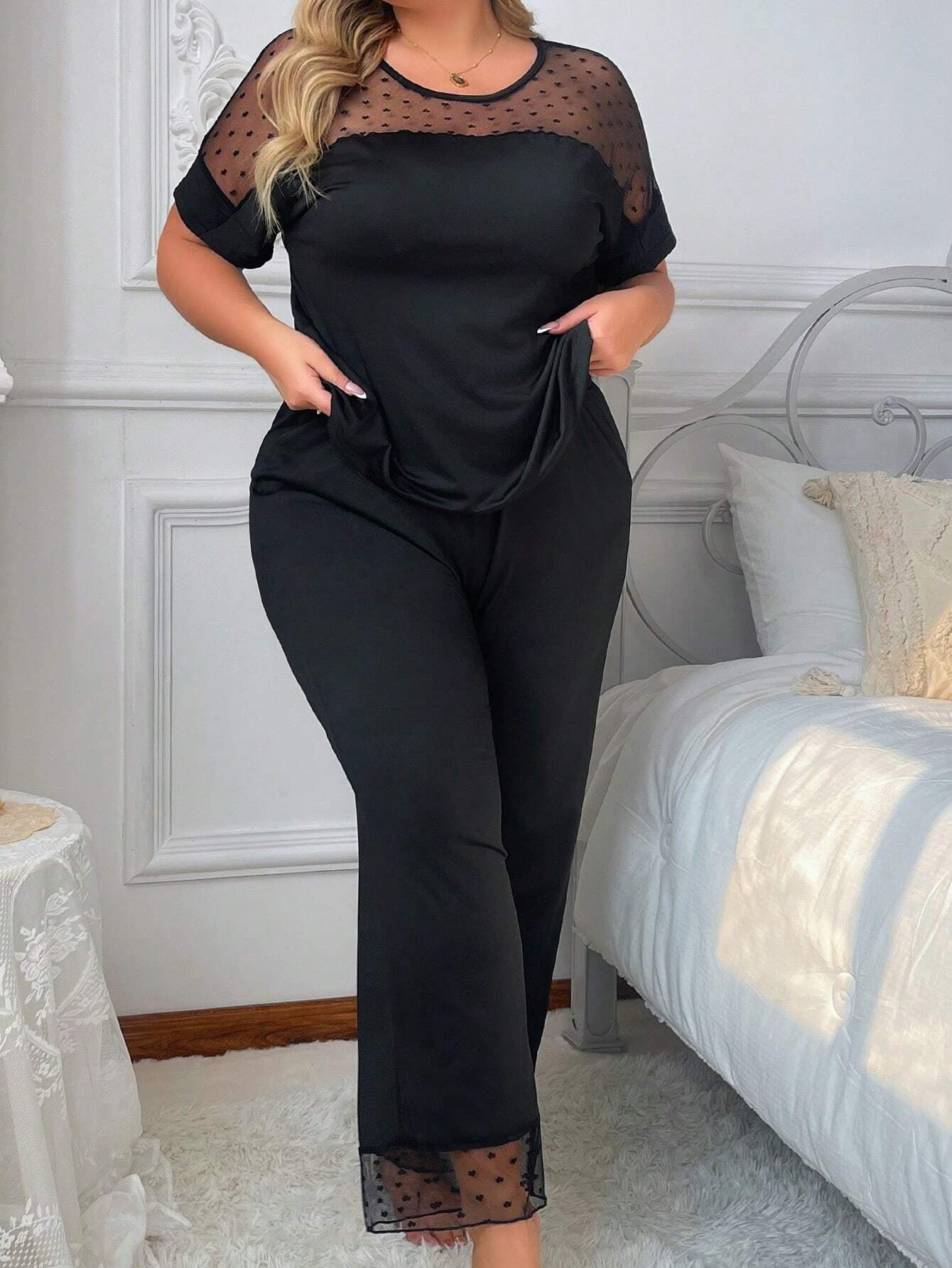 Plus Size Heart Jacquard Mesh Splicing Pajama Set
