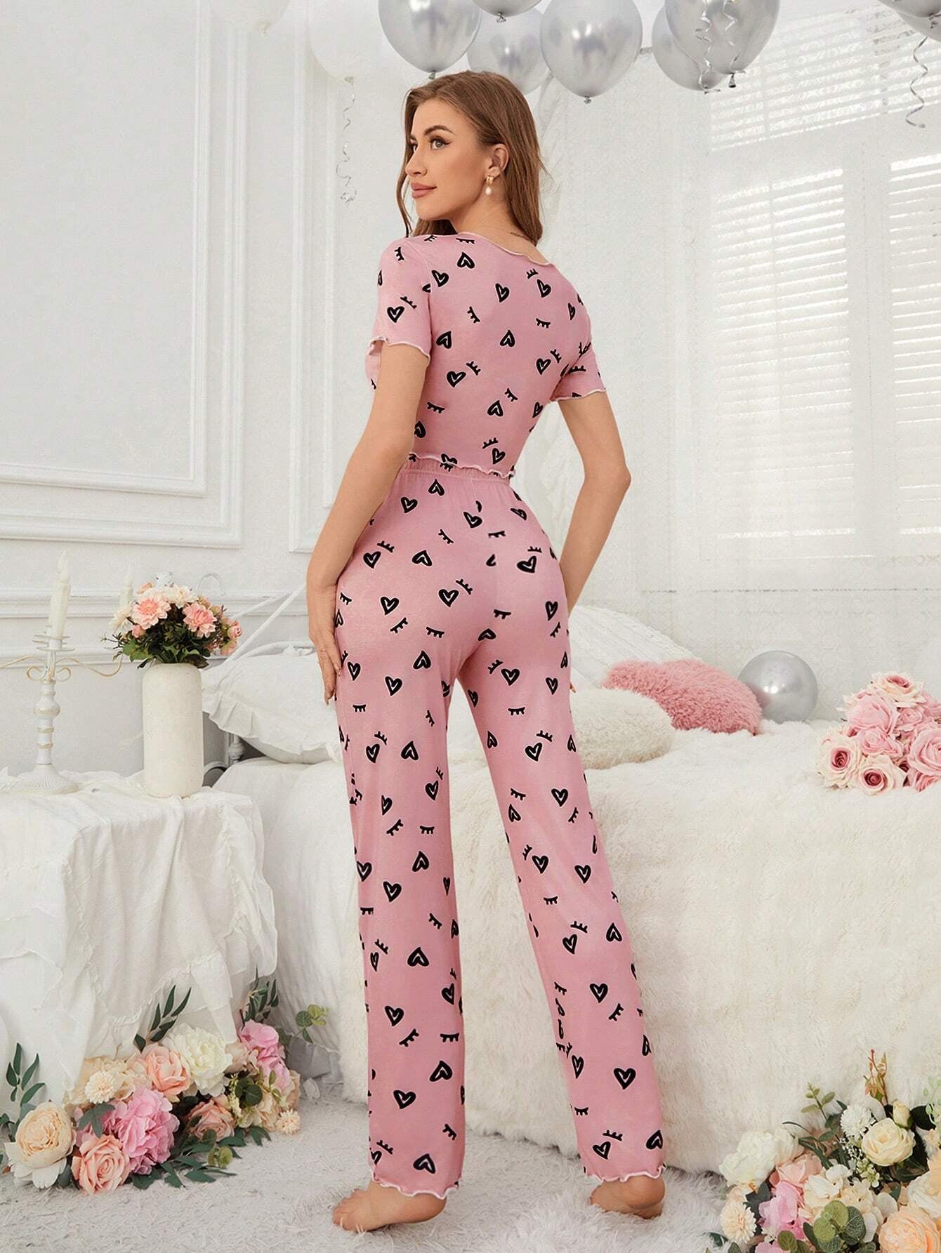 Women'S Pajama Set, Eyelash and Heart Pattern