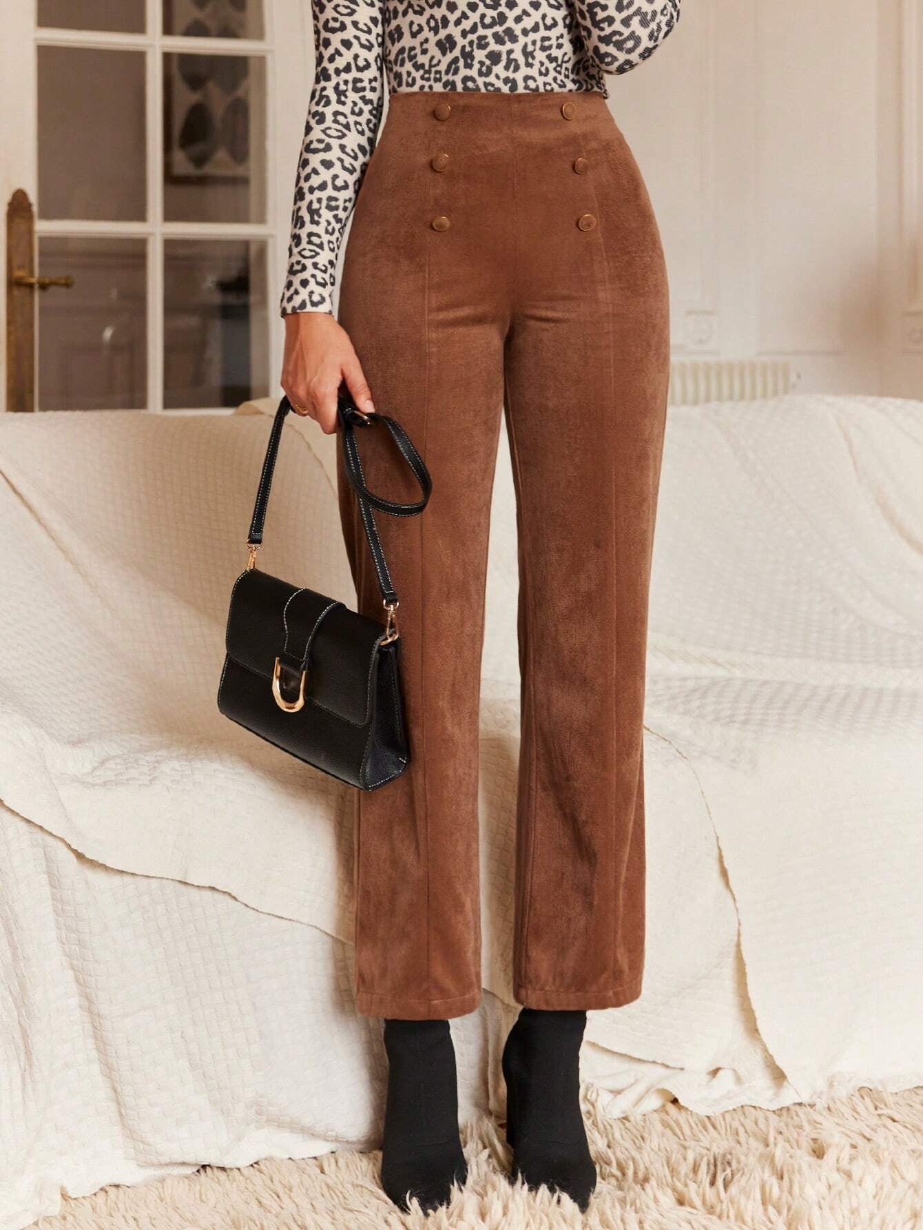 Frenchy High-Waisted Straight Leg Pants with Double Breasted Decoration