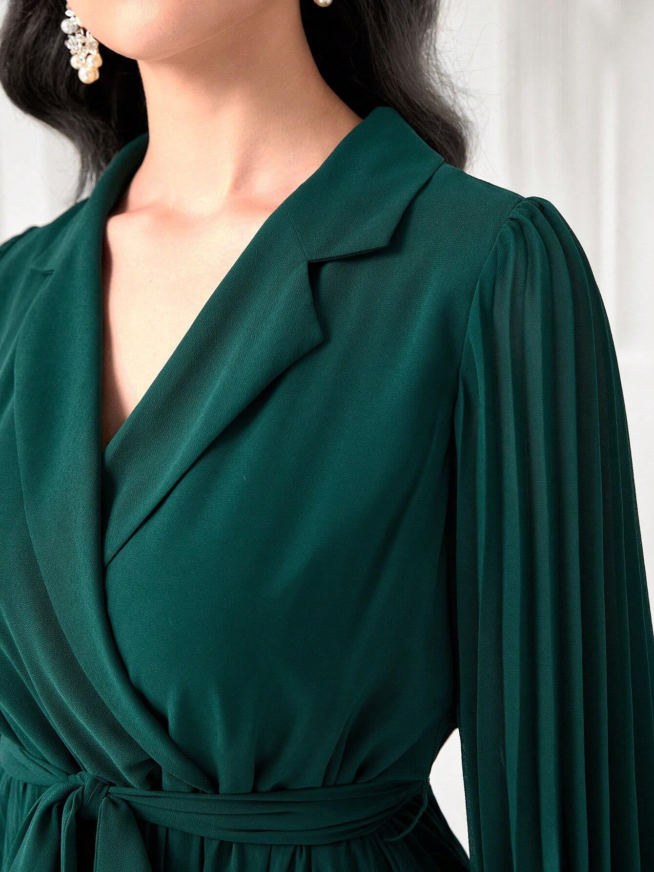 Modely Notch Neck Pleated Hem Belted Dress