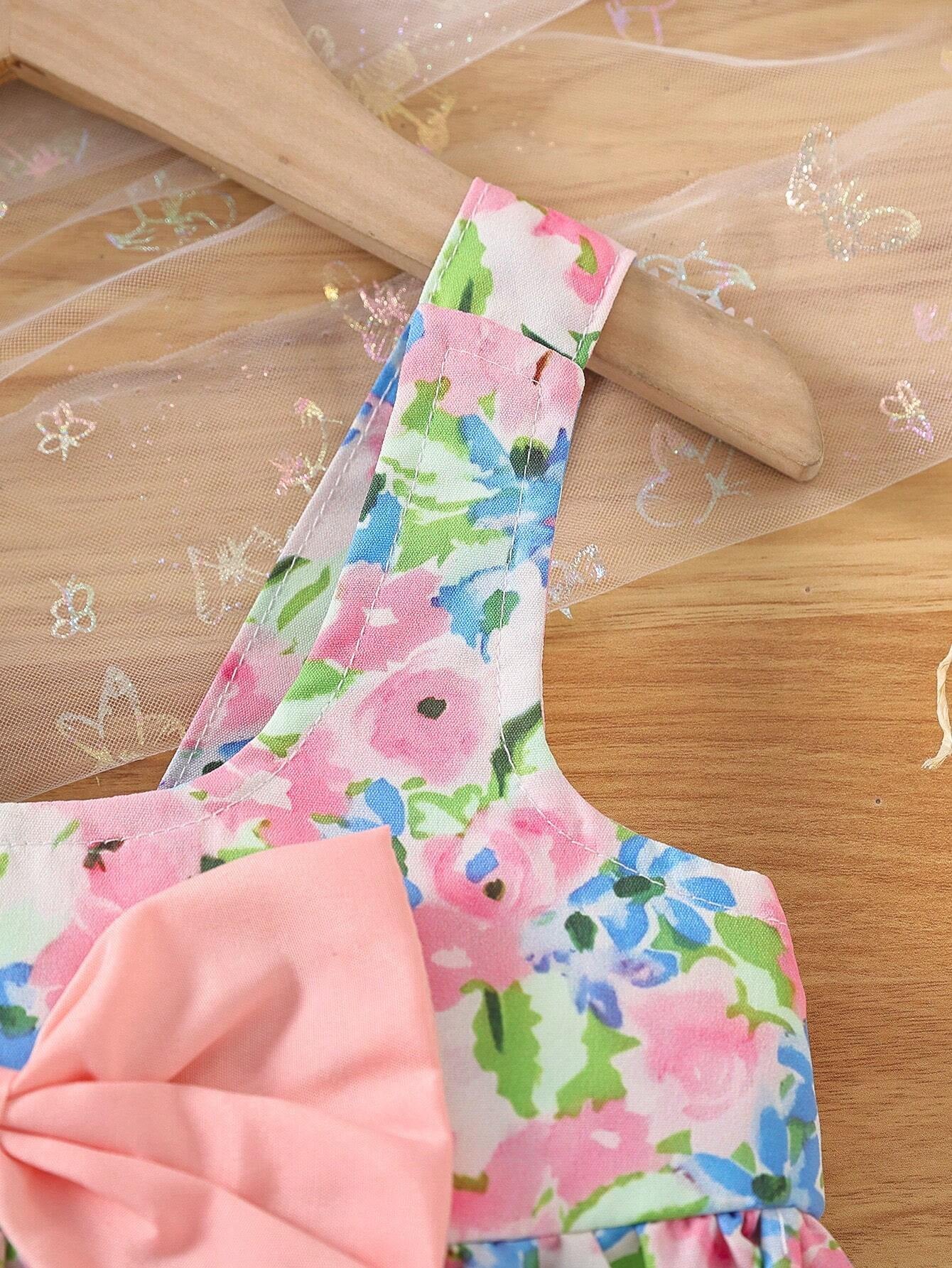 Baby Girls' Summer Sleeveless Dress with Floral Print, Butterfly Bowknot Decor