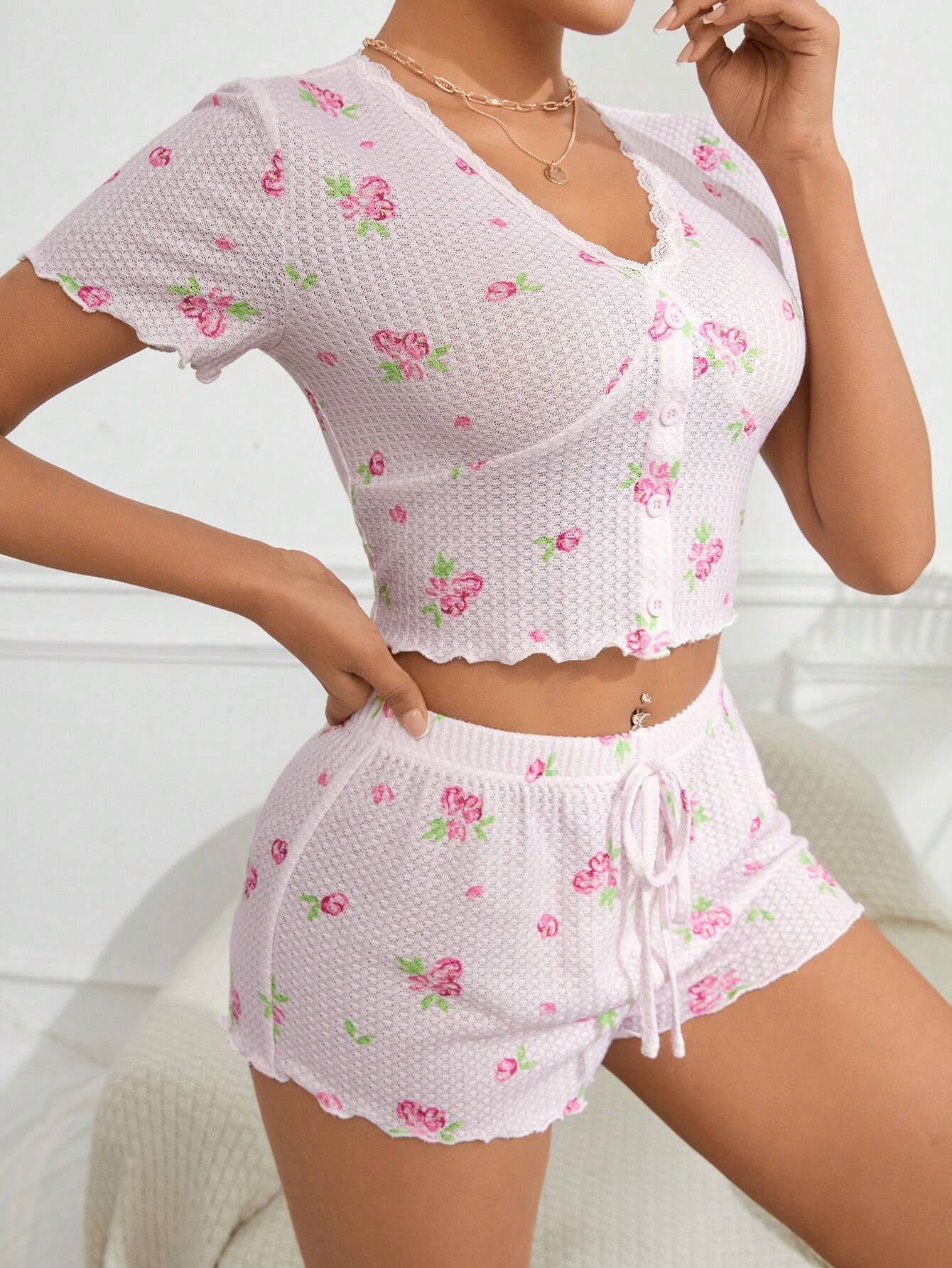 Lace Trim Floral Print Top and Shorts Pajama Set