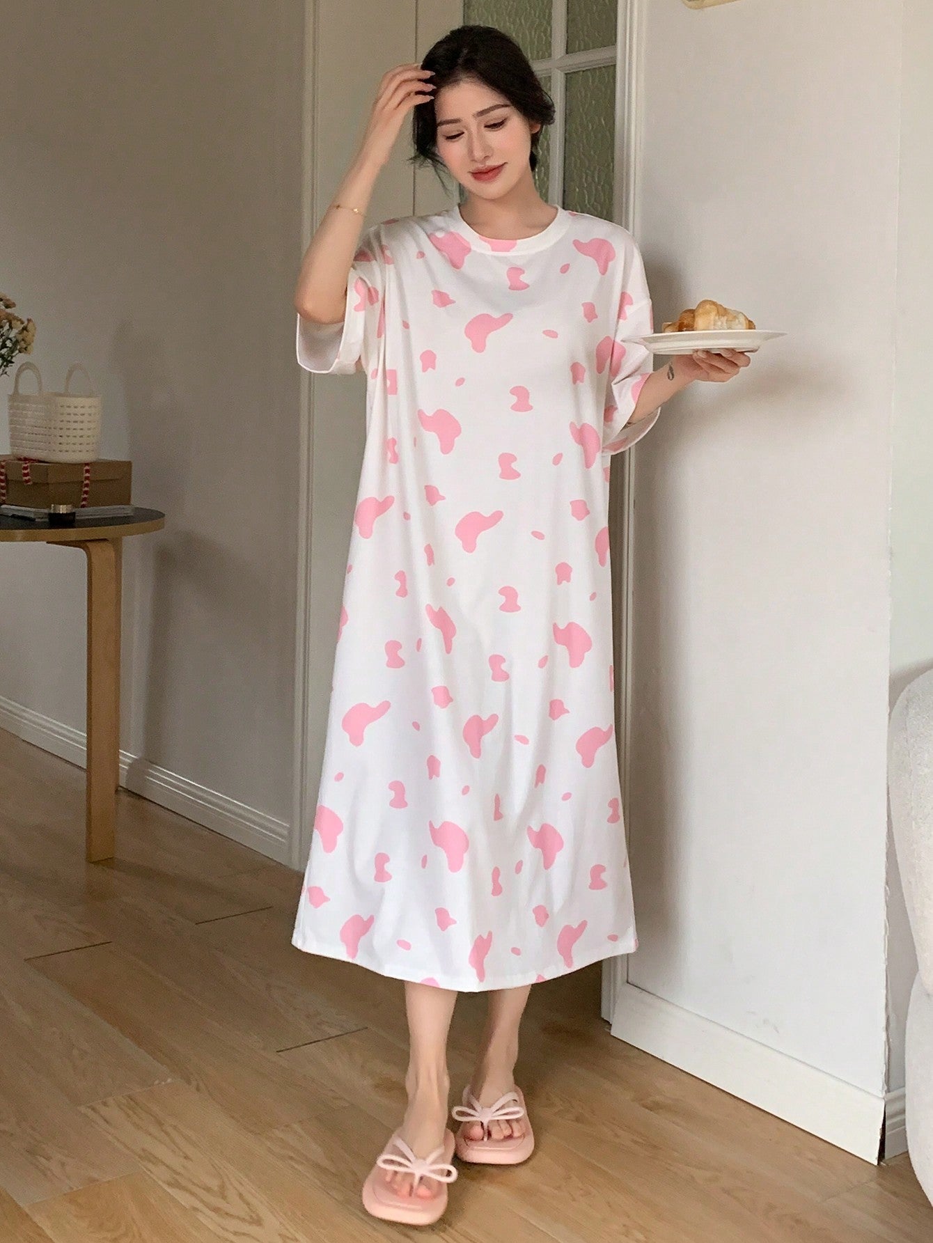 DAZY Women Cute T-Shirt Style Milk Cow Print Nightdress