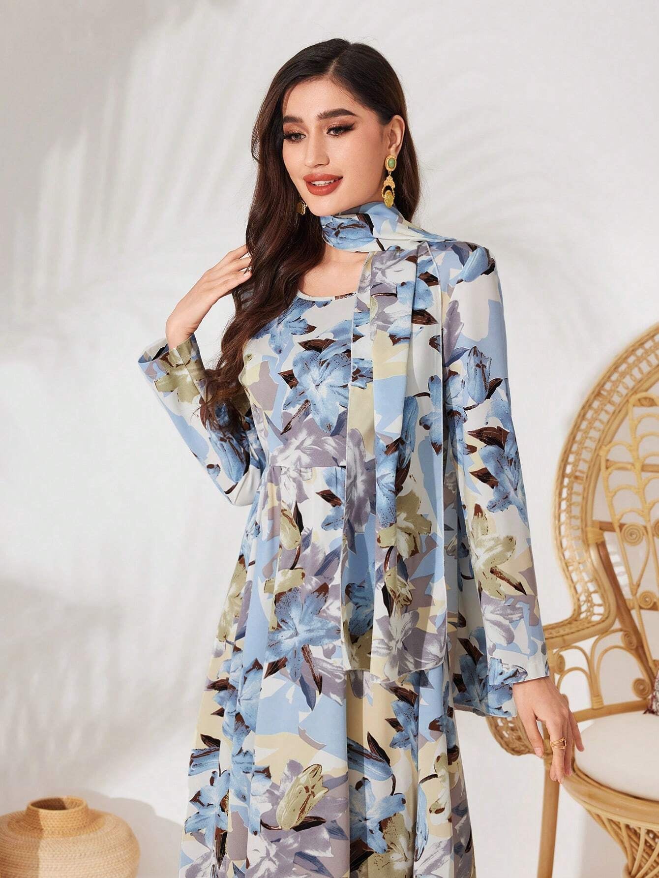 Modely Women'S Floral Print Long Sleeve Dress