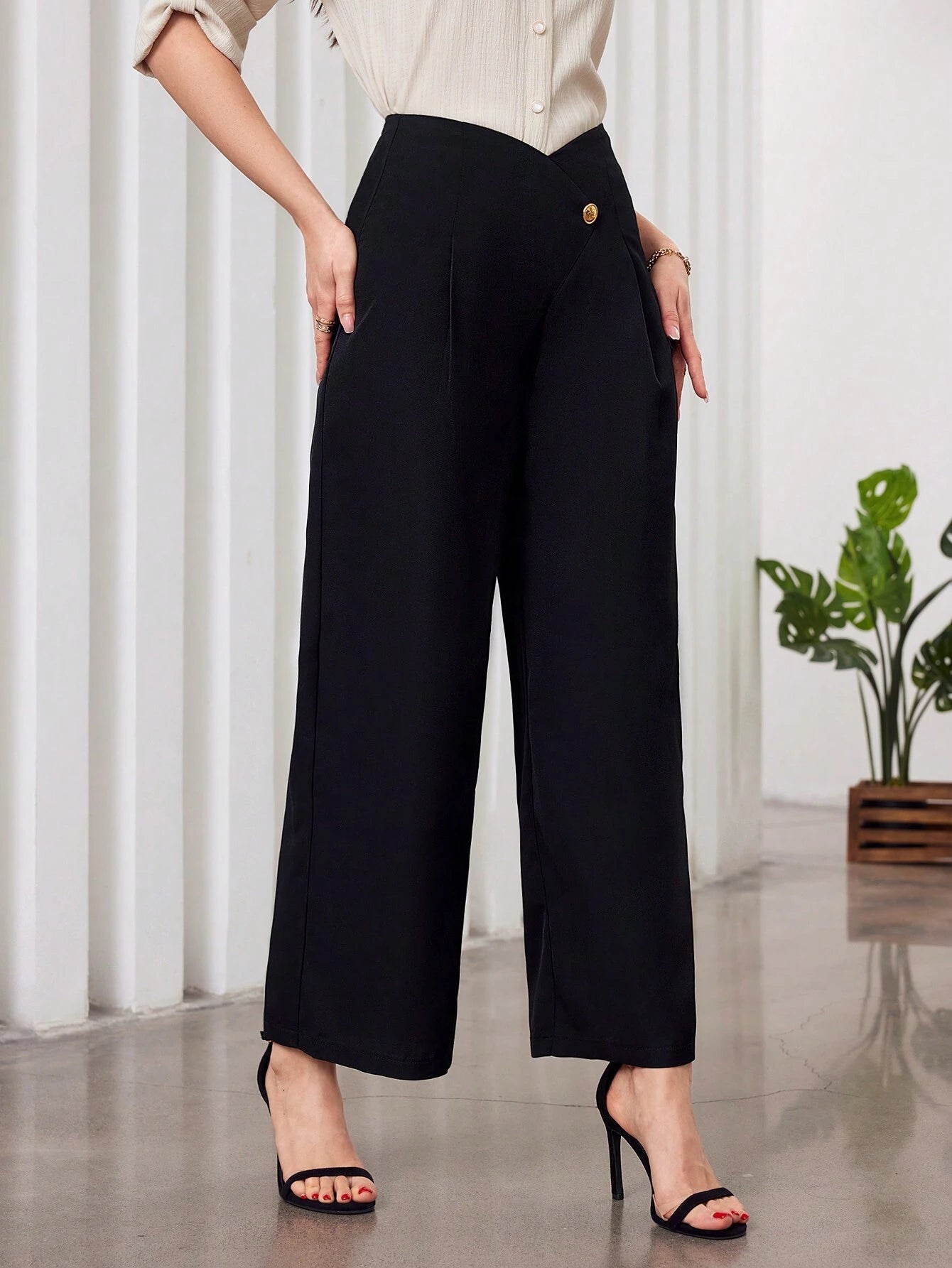 Modely Solid Color High-Waist Wide Leg Pants