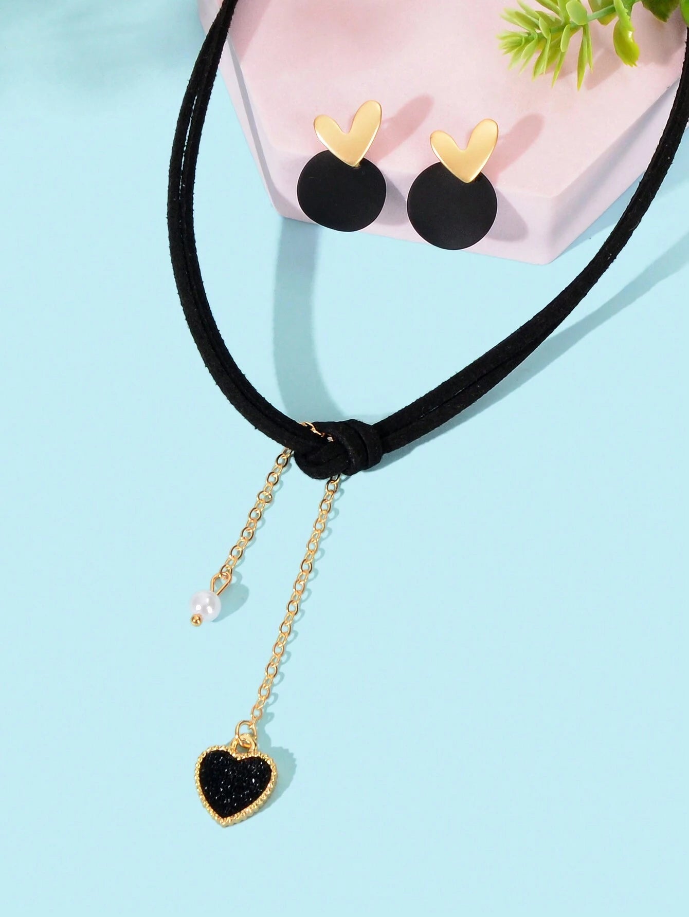 3Pcs Retro Jewelry Set Black Tattoo Choker Heart Pendant Necklace Geometric Stud Earrings for Women