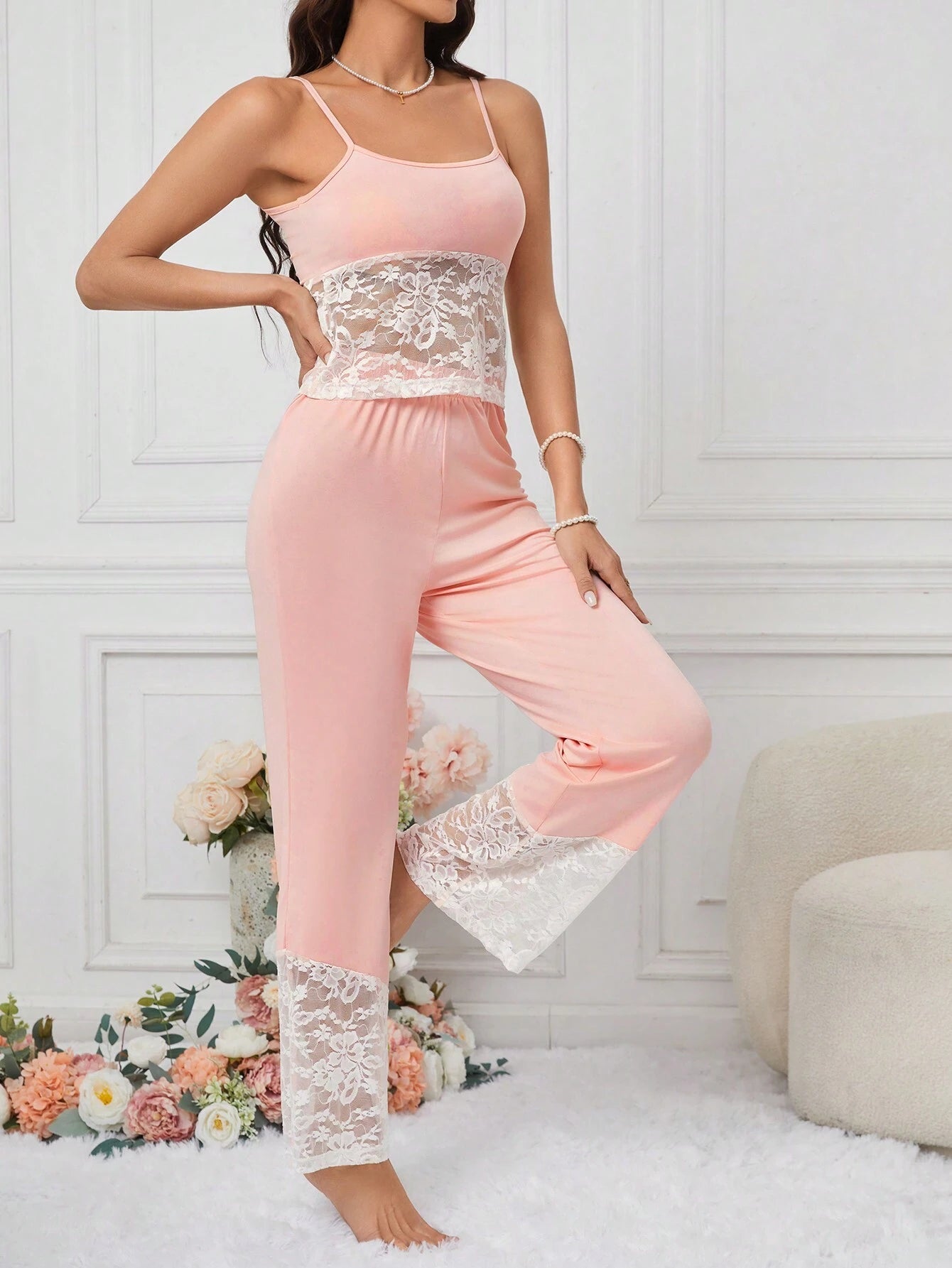 Ladies Lace Patchwork Cami Top and Shorts Sleepwear Set