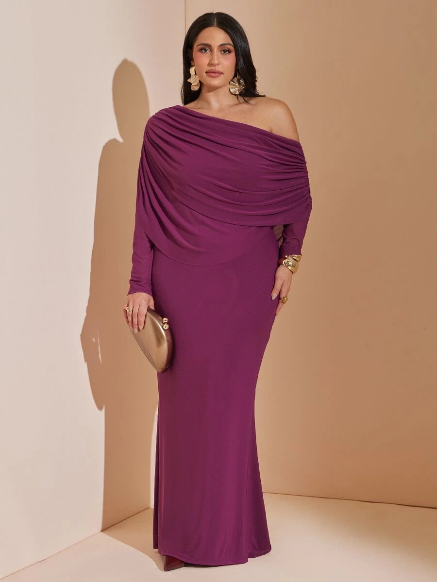 SHEIN BAE CURVE فستان للمقاسات الكبيرة بكتف غير متماثل وطبقة شبكية