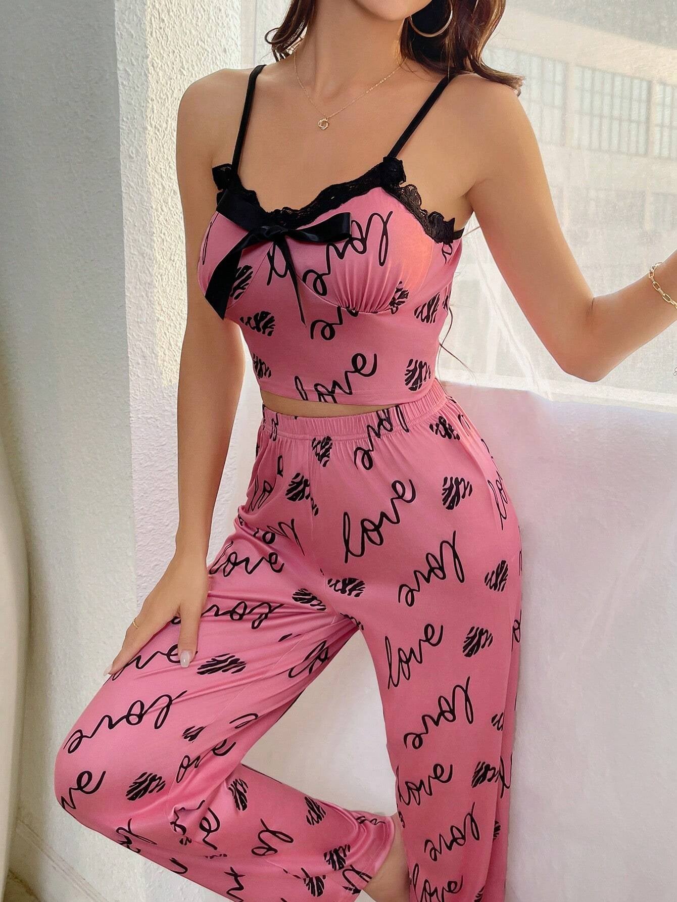 Bow Decorated Lace Trimmed Letter Printed Pajamas Set