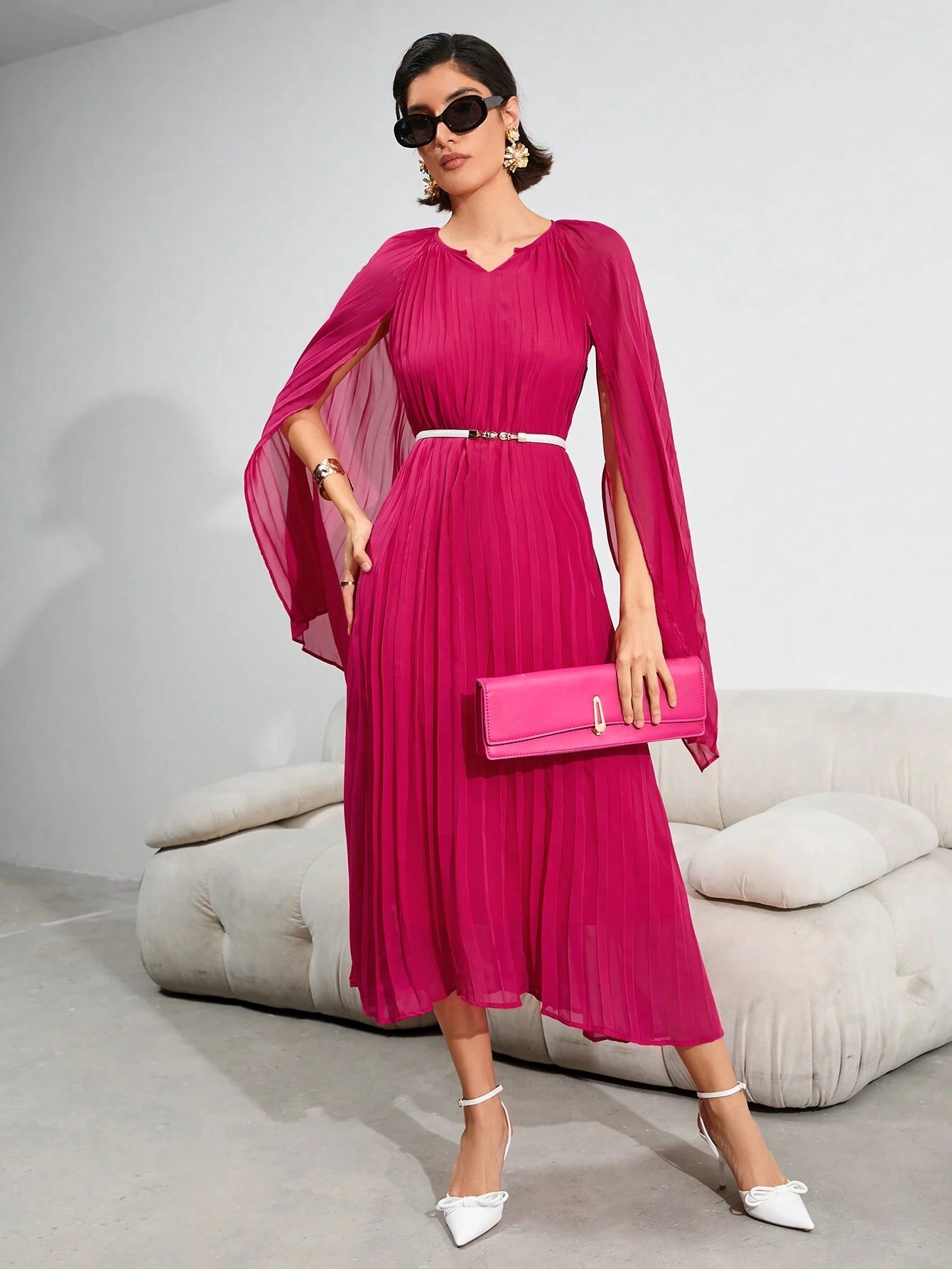 Privé Solid Color Cape Sleeve Pleated Dress
