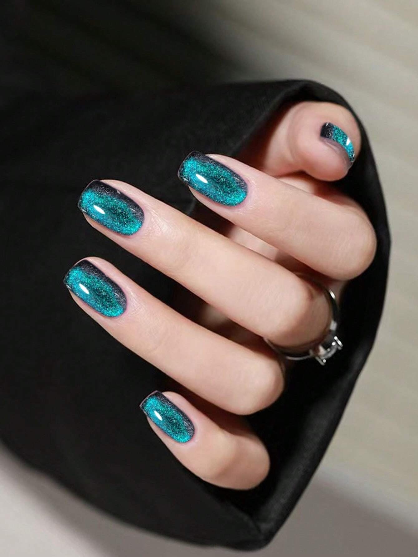 24Pcs Black Crystal Cat Eye Nails Square Glitter False Nails Full Coverage Acrylic Pressed False Nails Suitable for Daily Wear at Women'S Parties