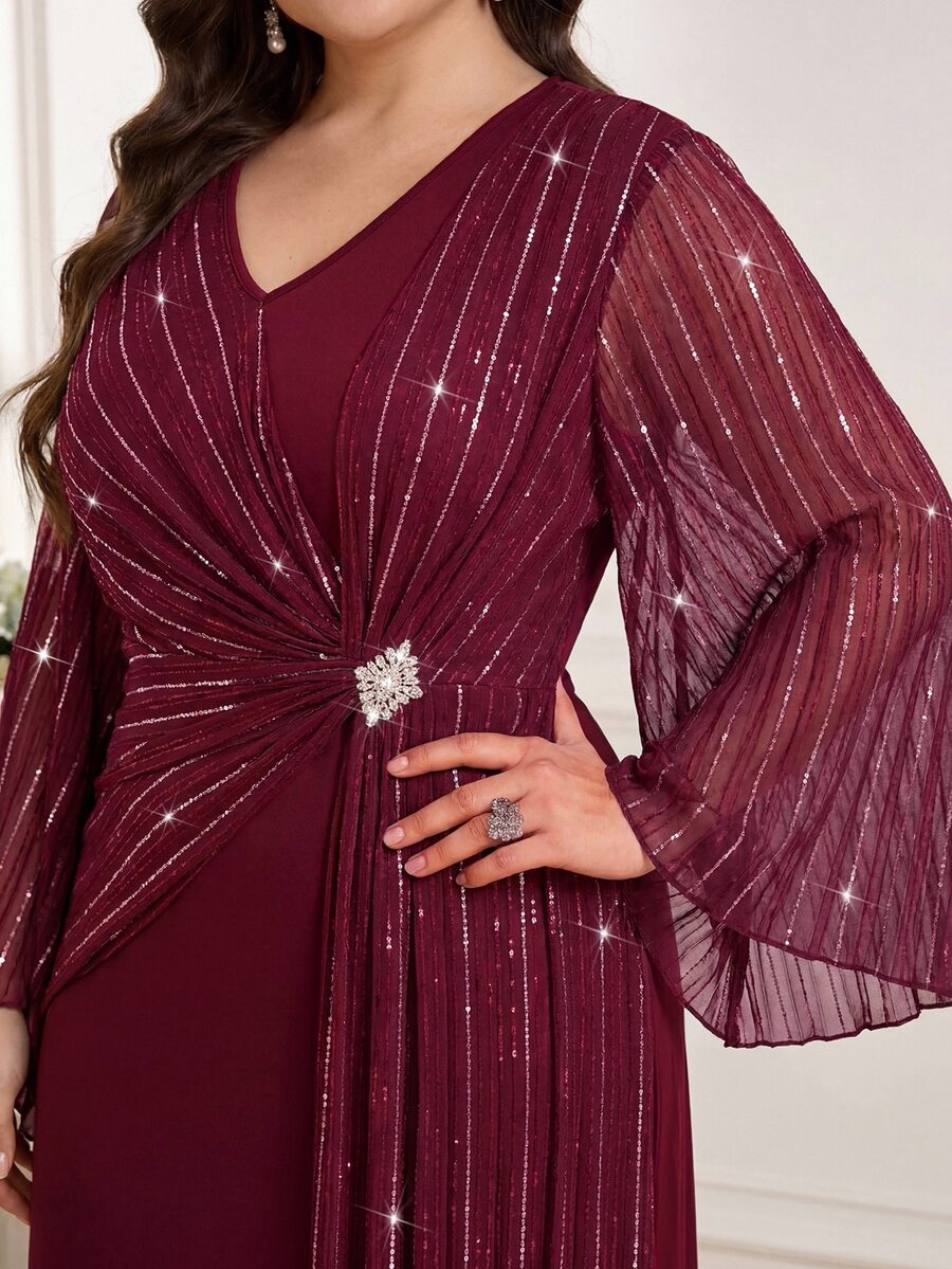 SHEIN Reflora فستان عنابي للمقاسات الكبيرة بأكمام جرس مزين بالراينستون