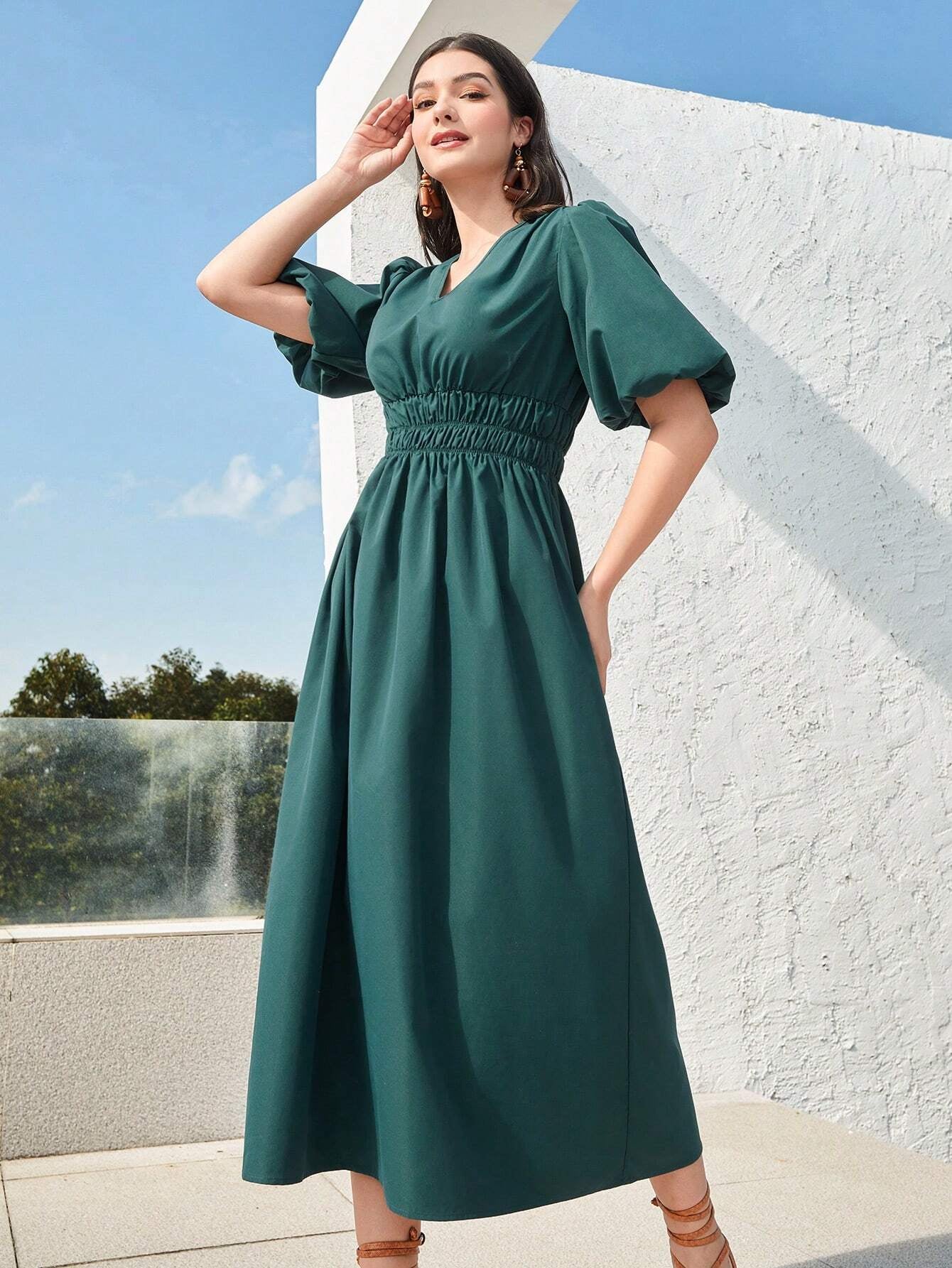Mulvari Women'S Lantern Sleeve Waist Adjustable Dress