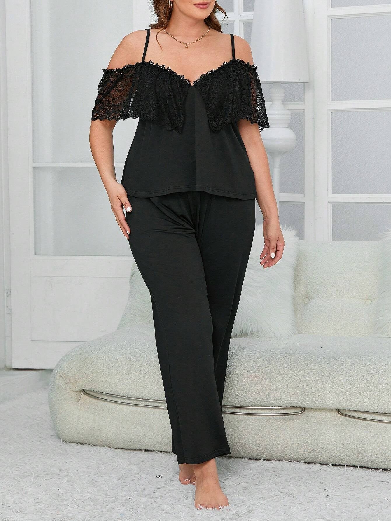 Plus Size Lace Spliced off Shoulder Top and Long Pants Pajama Set