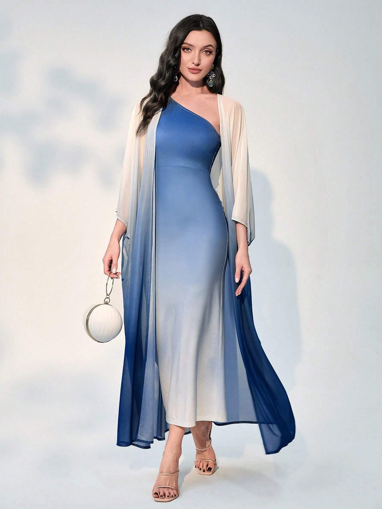 Modely Ombre Shoulder Sloping Dress with Coat Evening Dress