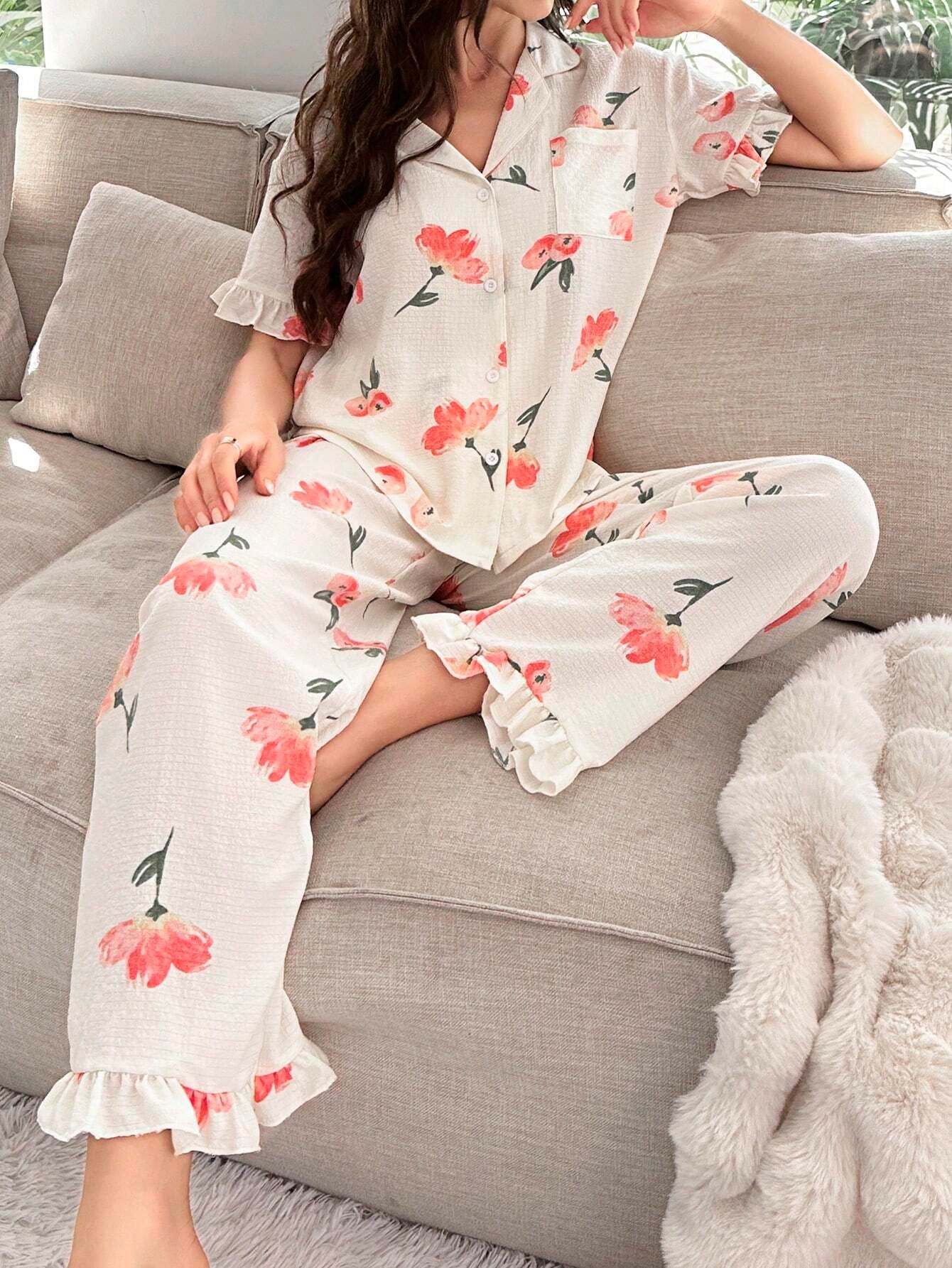 Women'S Flower Pattern Printed Ruffle Hem Decorated Pajama Set