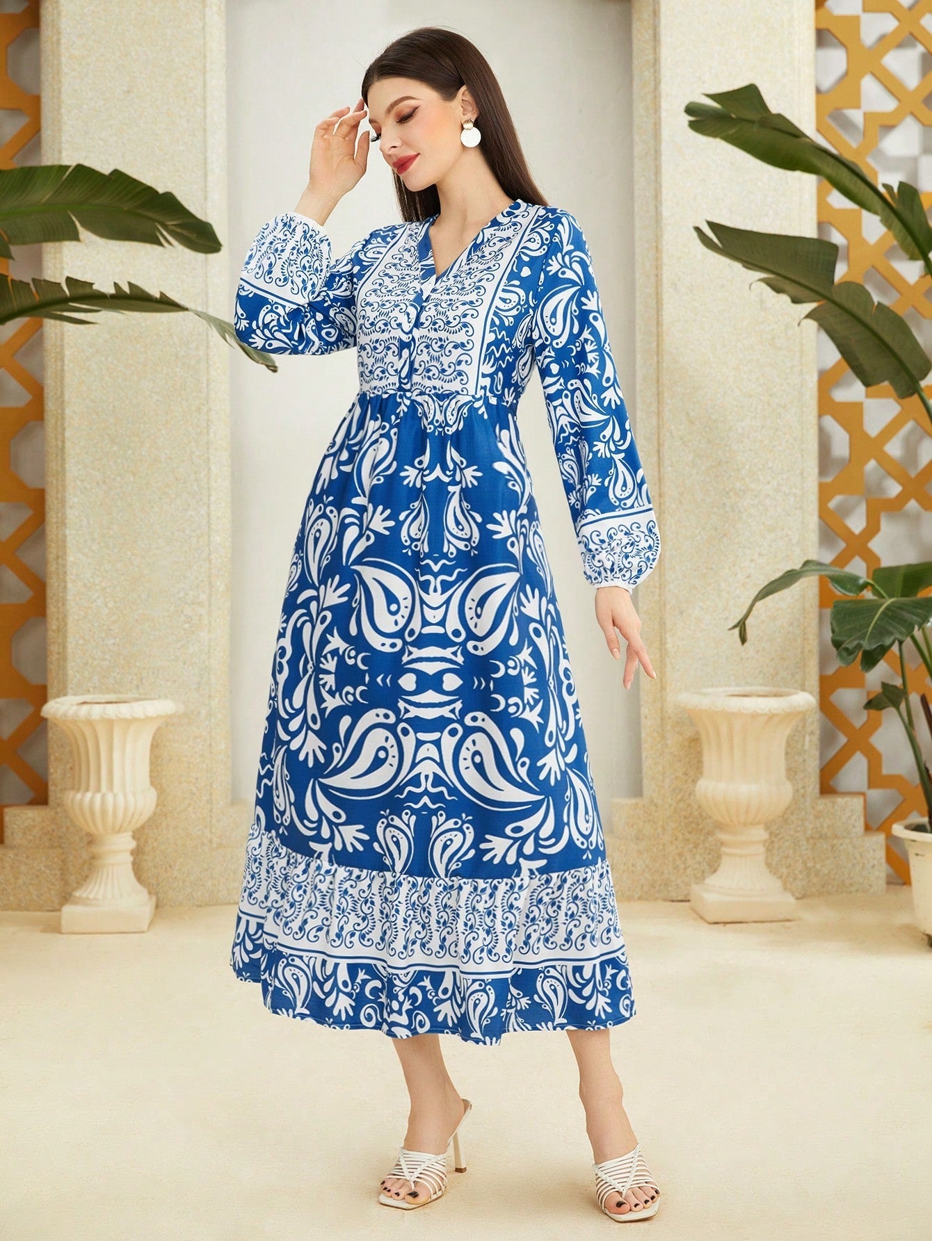 Najma Women'S Holiday Printed Lantern Sleeve Dress